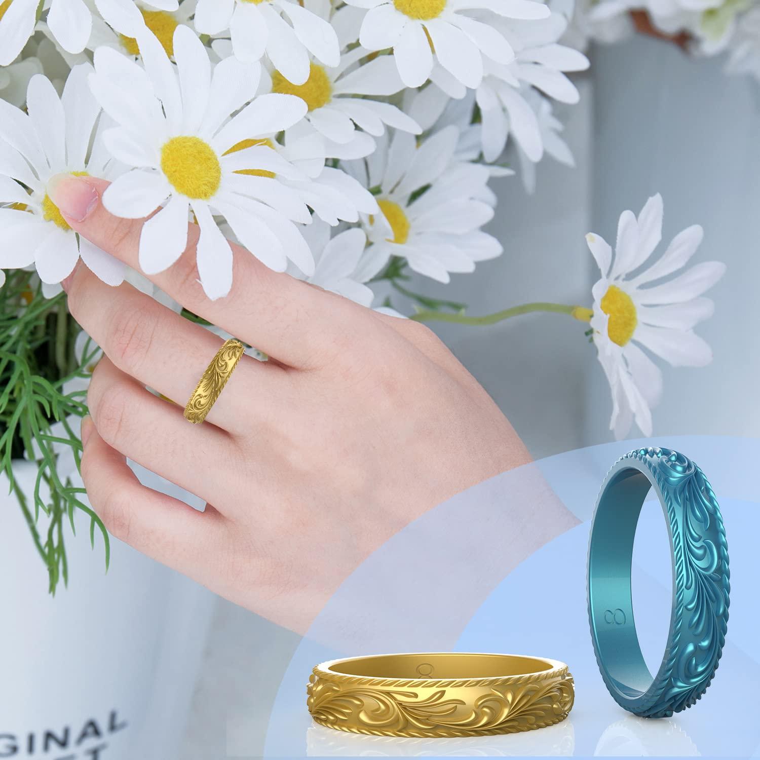 Zollen Zollen Silicone Wedding Rings for Women 4 Packs -Metallic Stackable Silicone Rubber Wedding Bands - Innovative Vine Collection, Size 11