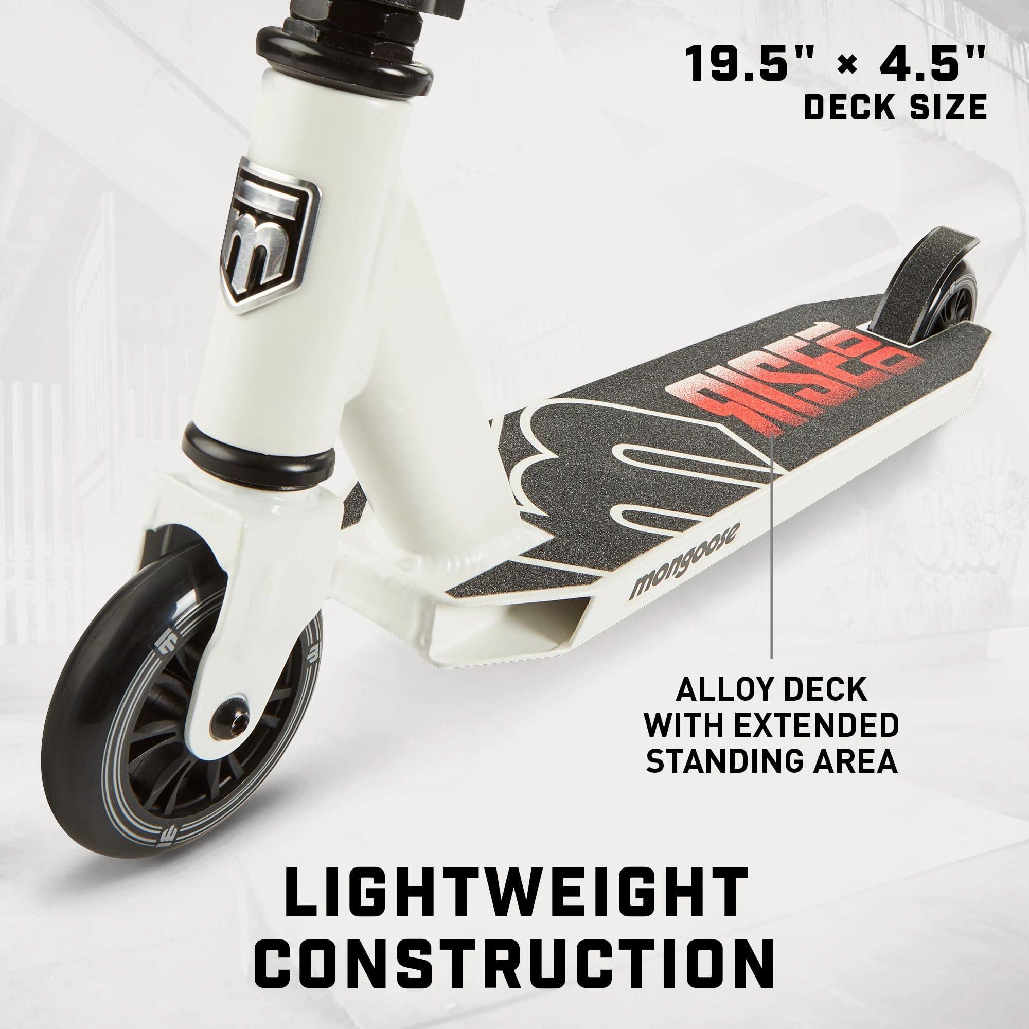 Mongoose Mongoose Rise 100 Freestyle Stunt Trick Scooter, Lightweight Alloy Deck & Heavy-Duty Frame Up to 220 lbs., Bike-Style Grip, High Impact 100mm Wheels, White/Red