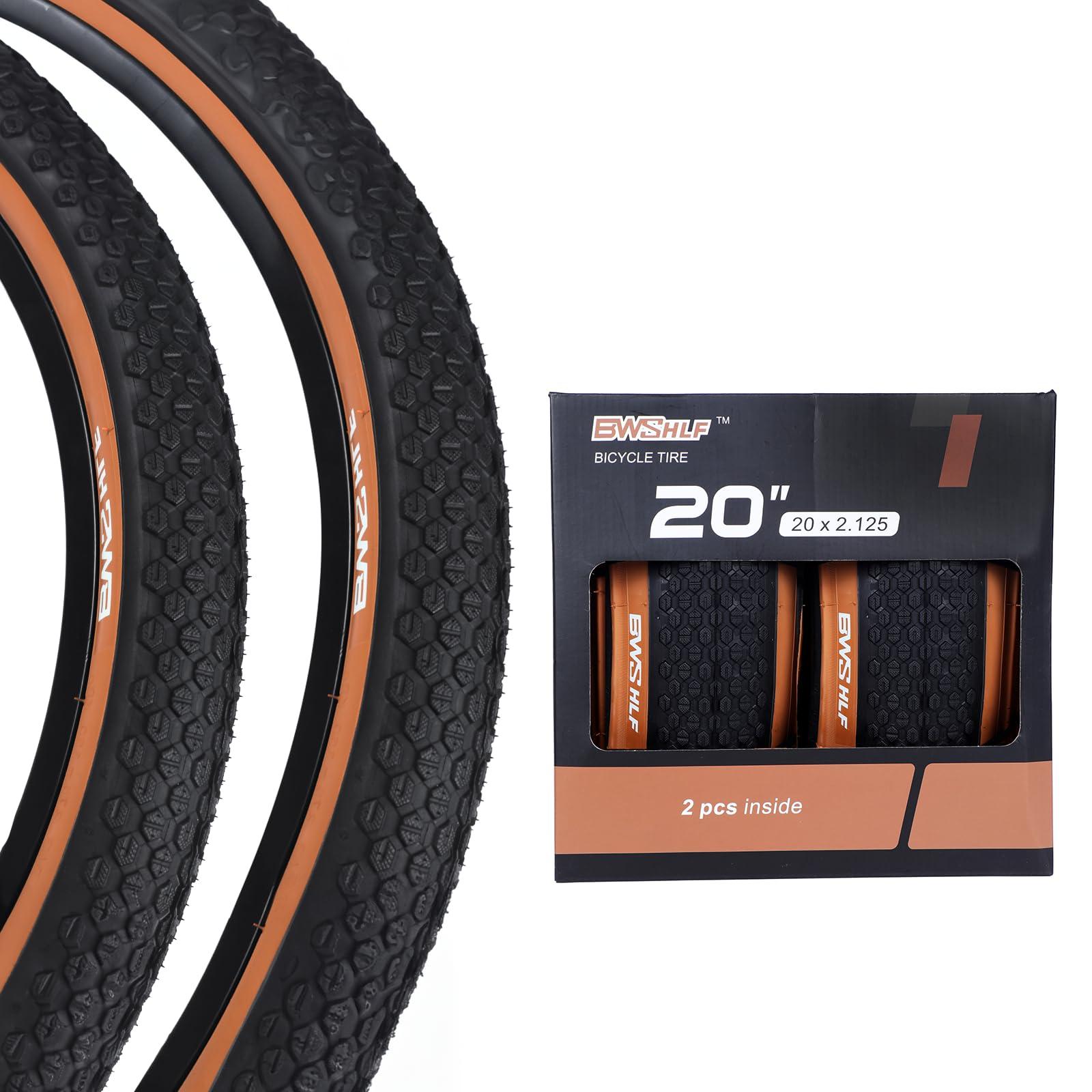 BWSHLF BWSHLF 20inch Mountain Bike Tires, 20 x 2.125 Inch, 2 Pack Replacement Black Folding MTB Bicycle Tire, Brown Sidewall