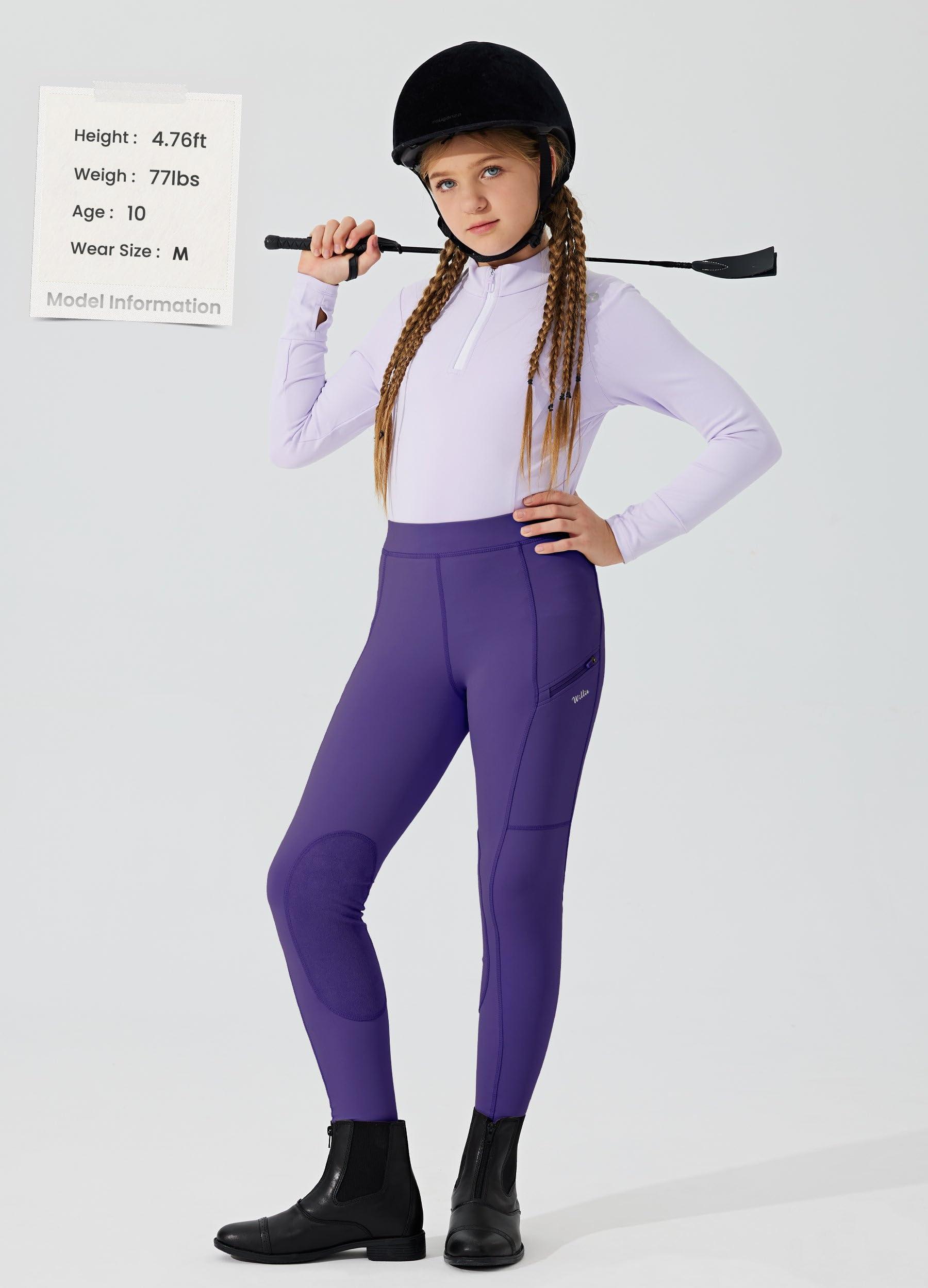 Willit Willit Girls Horse Riding Pants Tights Kids Equestrian Breeches Knee-Patch Youth Schooling Tights Zipper Pockets Purple XS