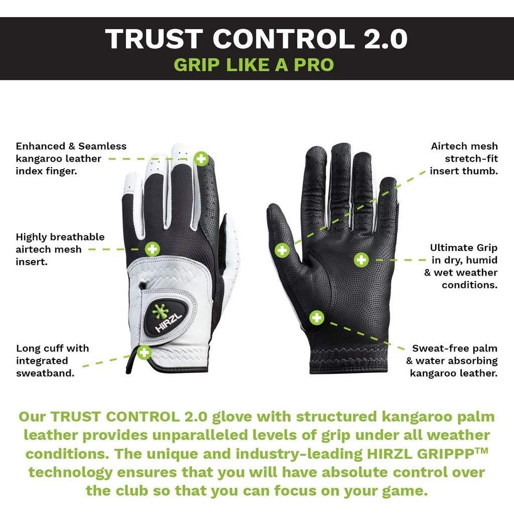 HIRZL HIRZL Trust Control 2.0 Golf Gloves, All Weather Mens Golf Glove, White/Black, Kangaroo Leather Palm, Cabretta Leather Backhand, Trusted by Pros, Sweat Free, Ultimate Grip, Small, Worn on Right Hand