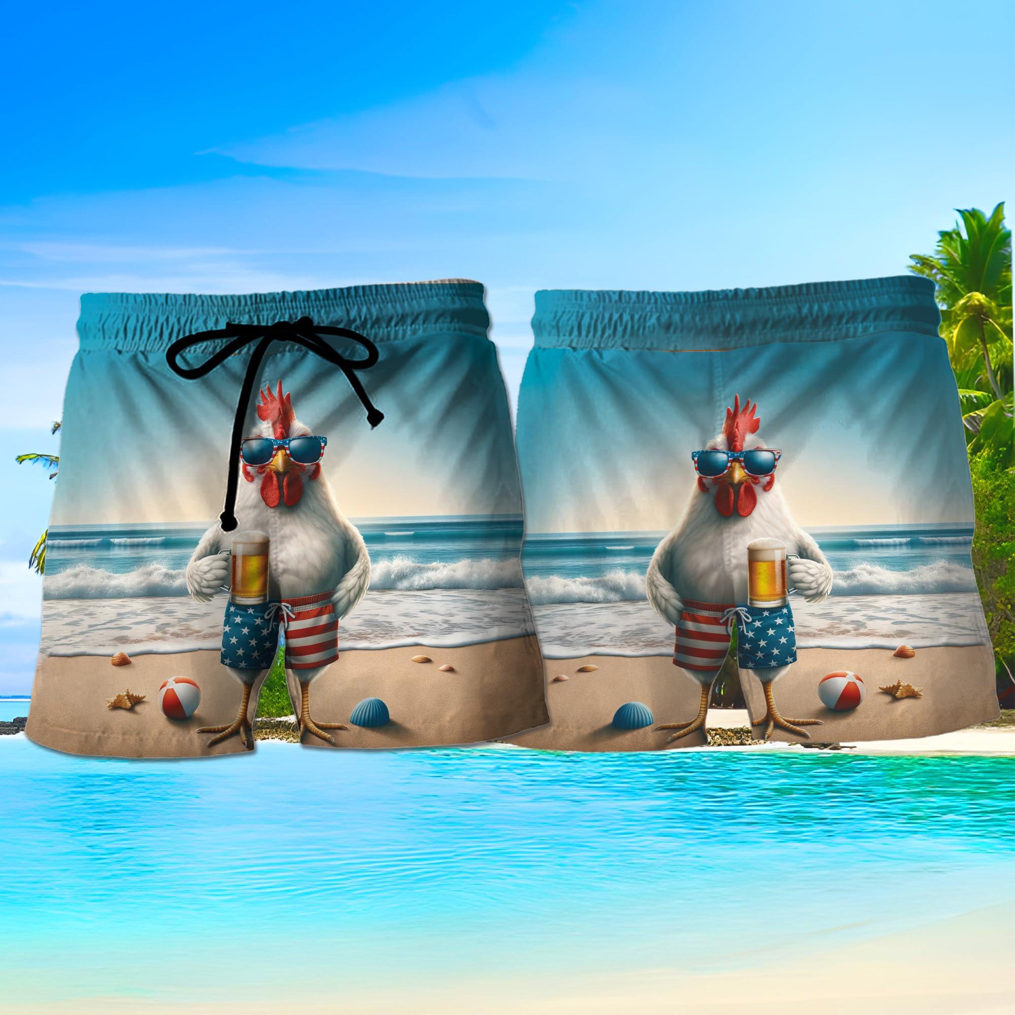 V-DECORPARKS V-DECORPARKS Funny Chicken Mens Swim Trunks - Rooster Swimming Trunk for Men - Beach Shorts, Mens Swim Shorts 35 Size M