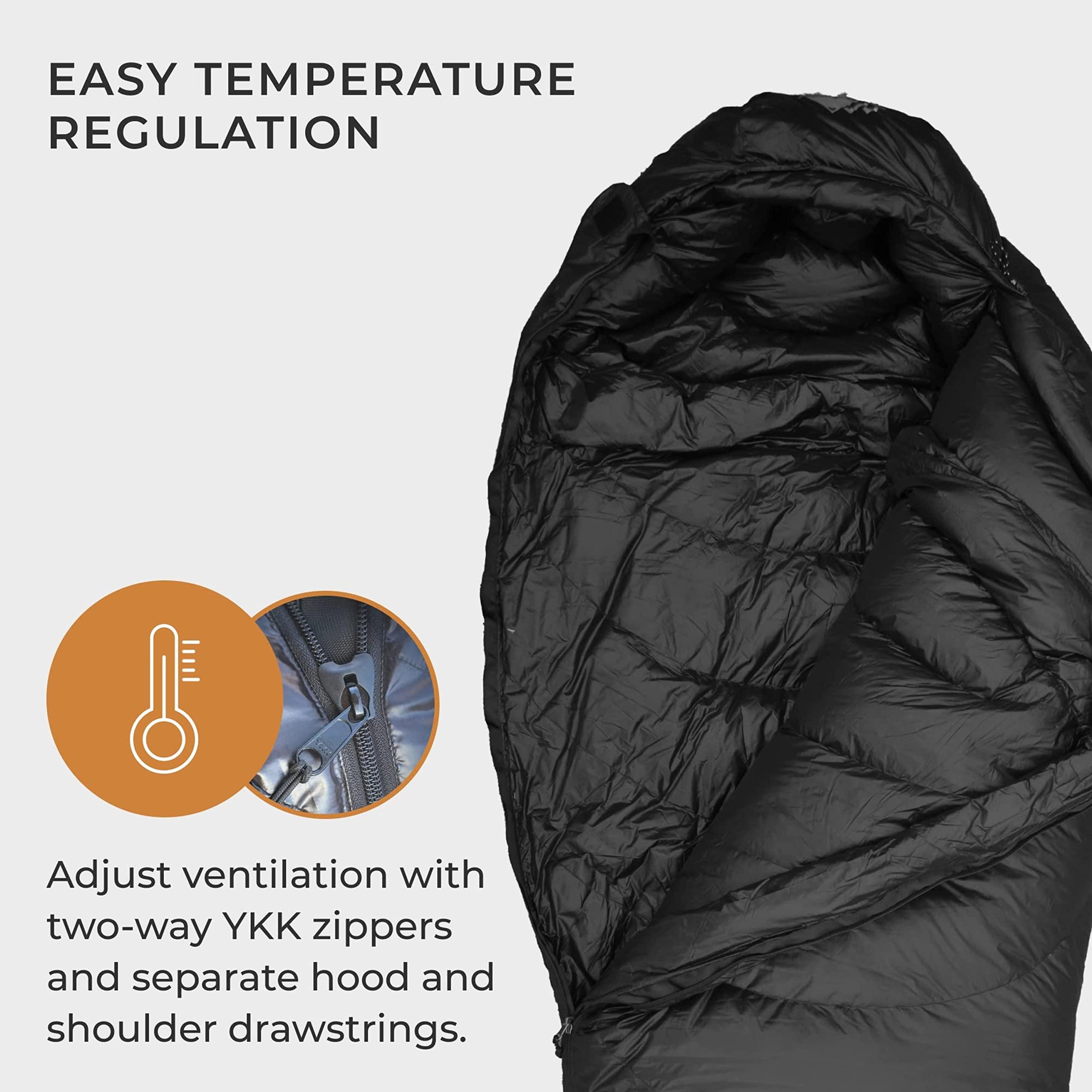 Hyke & Byke Hyke & Byke Quandary 15F Cold Weather Mummy Hiking & Backpacking Sleeping Bag - Duck Down 650 FP 3 Season Sleeping Bags for Adults - Ultralight with Compression Stuff Sack (Black, Short)