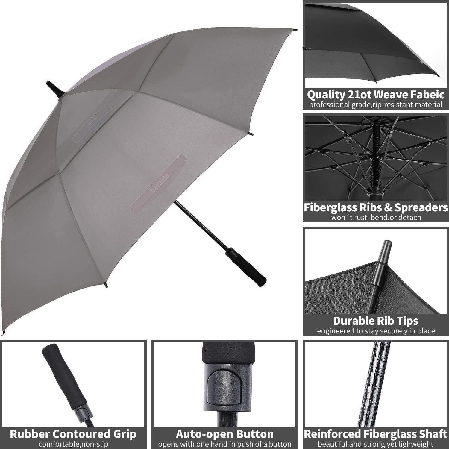 Baraida Baraida Golf Umbrella Large 62/68/72 Inch, Extra Large Oversize Double Canopy Vented Windproof Waterproof Umbrella, Automatic Open Golf Umbrella for Men and Women and Family.(68 Inch,Grey)