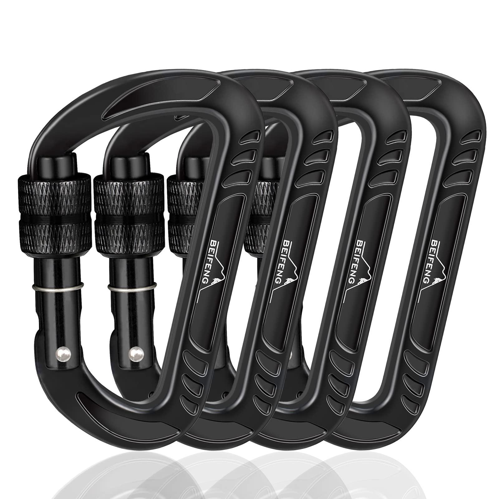 BEIFENG BEIFENG Heavy Duty Lightweight Locking Carabiner Clips D Ring for Camping Hiking Outdoor Gym etc, Carabiner with Lock Small Carabiners for Dog Leash & Harness (Screw Locking 4Pcs)