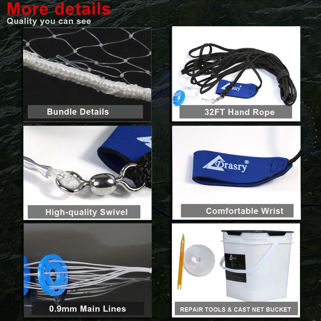 Drasry Drasry Saltwater Fishing Cast Net 3/8 and 1/4 Mesh with Heavy Duty Gray Sinker American Monofilament Fish Throw Net for Bait Trap 3FT 4FT 5FT 6FT 7FT 8FT 9FT 10 FT Radius 0.66 lb/ft, 10FT Radius