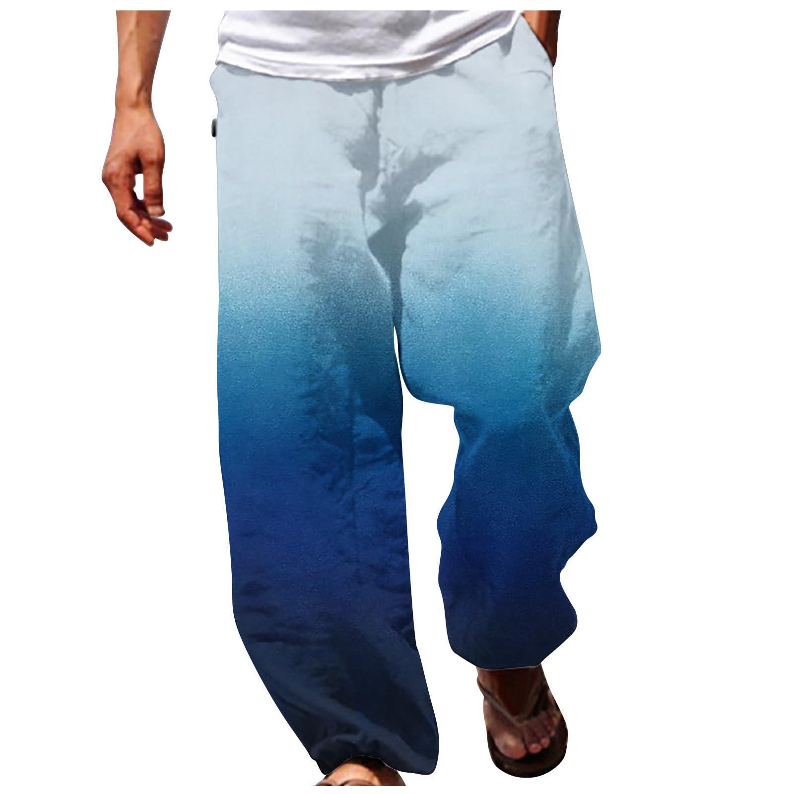 Ctreela Ctreela Men Trendy Loose Fit Pants Lightweight Beach Pants Summer Fall Drawstring Gradient Sweatpants Ombre Comfy Yoga Pants Dark Blue