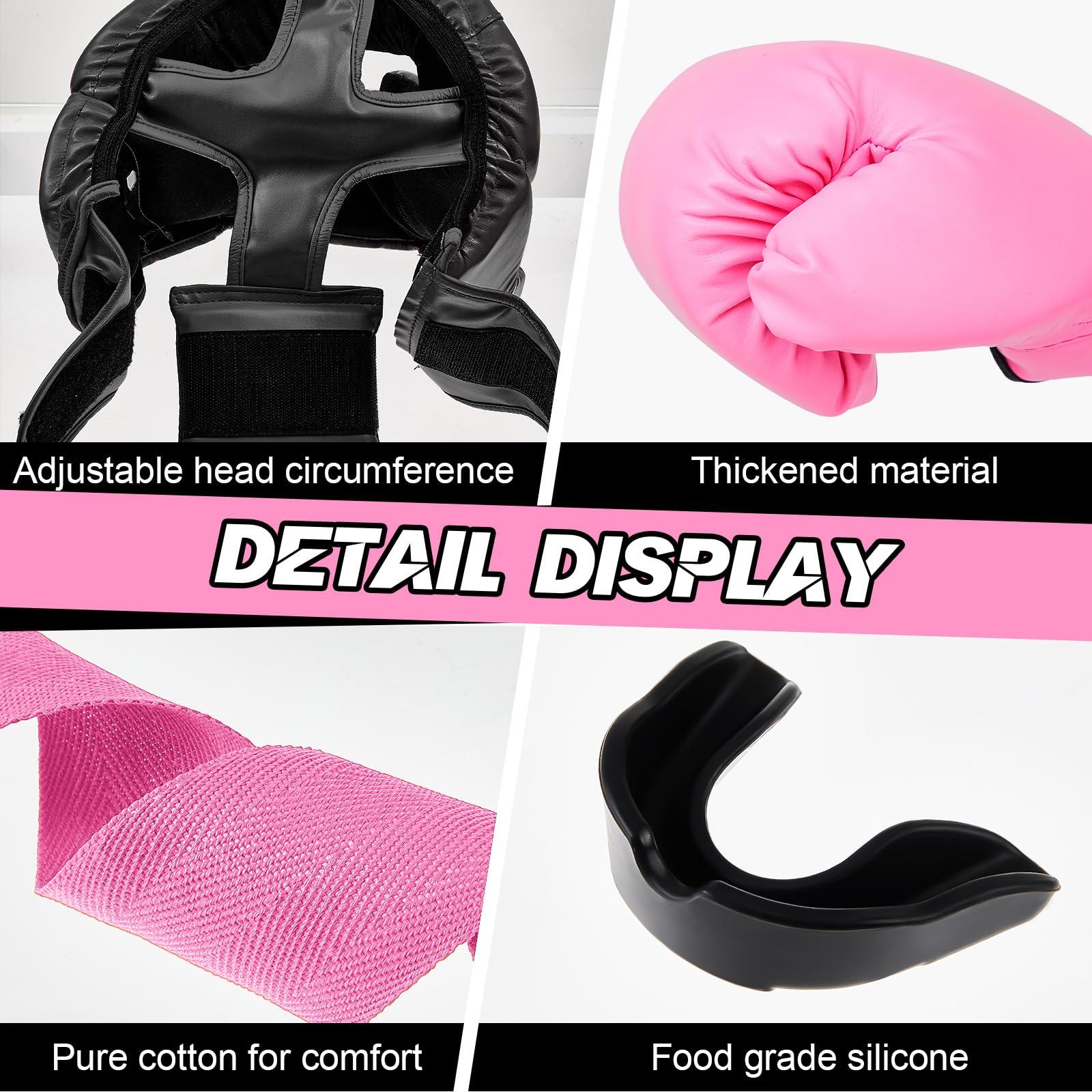 Kanayu Kanayu 12 Pcs Kids Boxing Equipment Set for Beginners Ages 6-18 Years Including Boxing Helmet and Gloves Hand Wraps Sport Mouthguards Taekwondo Sparring Gear for Kids and Children(Black, Pink)