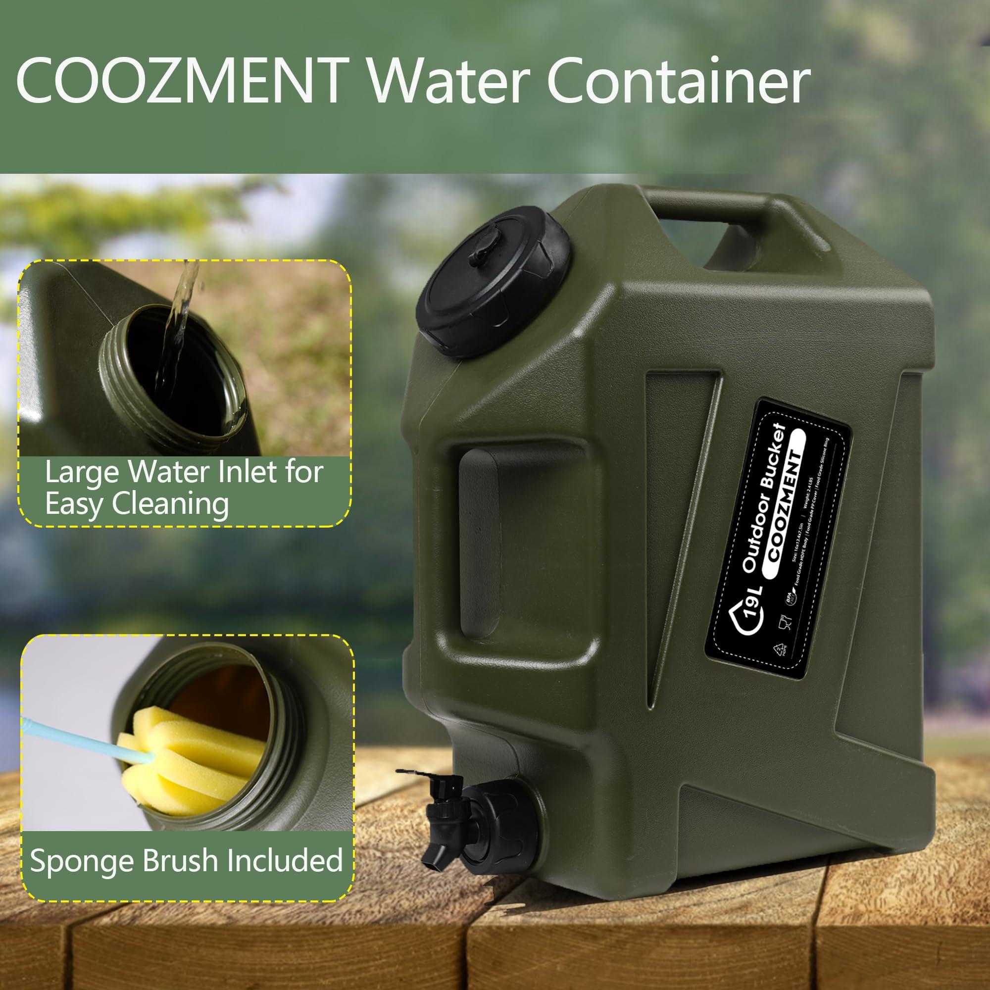 COOZMENT COOZMENT 5 Gallon (19L) Portable Water Containers with Spigot, BPA Free Water Jug, Military Green Water Tank, Multifunction Water Storage Containers for Camping Outdoor Hiking,Emergency Stroage