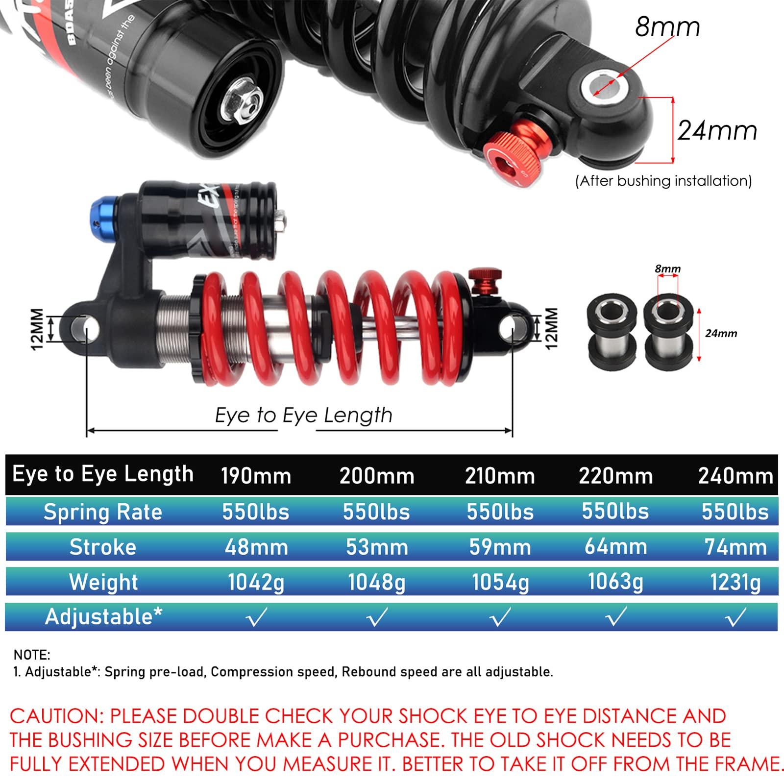JFOYH JFOYH Adjustable Oil+Coil Spring Rear Shock Suspension, Shock Absorbers for Downhill MTB Bike/E-Bike, 240mm X 550lbs - Red