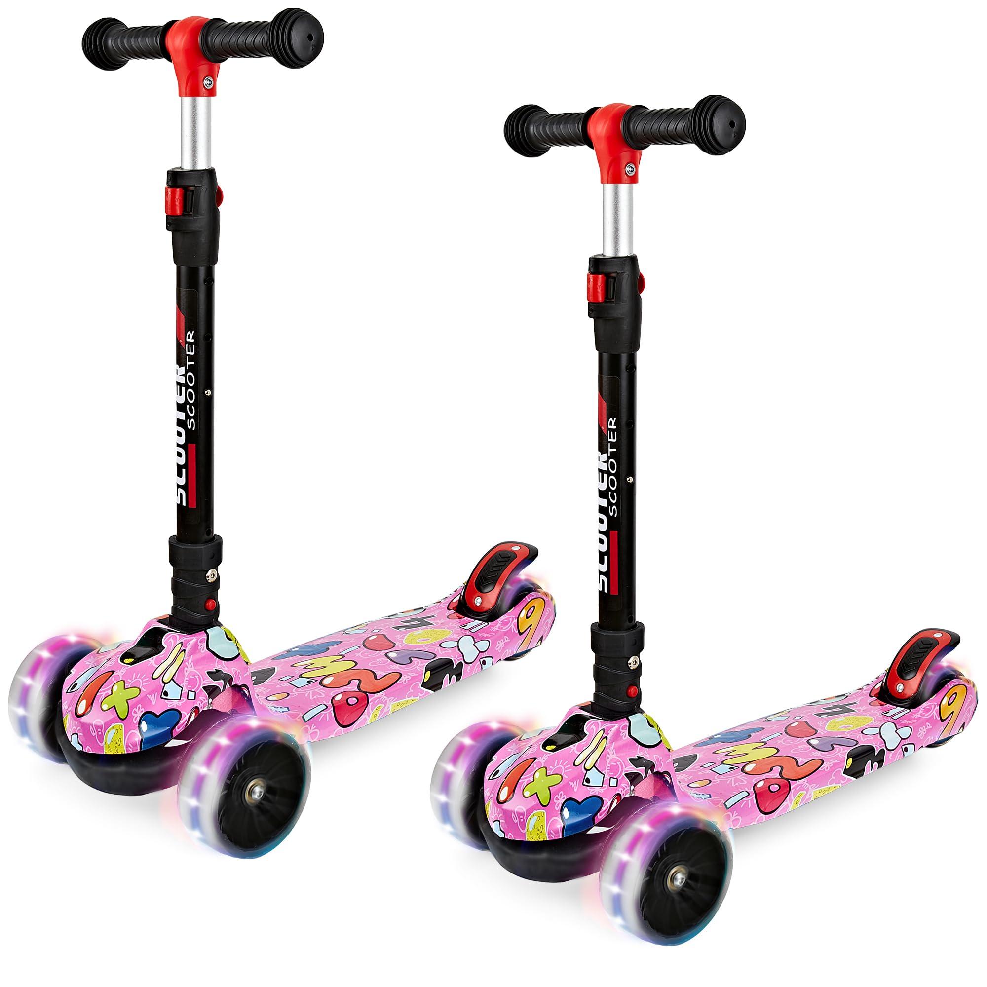 HOOJIN Scooter for Kids Ages 3-12, Foldable & Height Adjustable Kids Scooter with Graffiti Bodywork, Non-Slip Deck and Extra Wide PU Light-up Wheels (200 Lbs Weight Capacity)