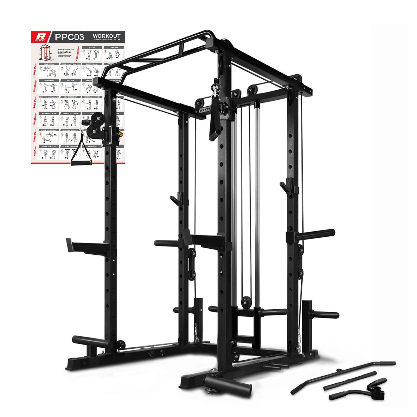 RitFit RitFit Multi-Function Power Rack Cage PPC03 with Adjustable Cable Crossover System,1000LBS Capacity, Full Home Gym Workout with J-Hook, Landmine and Other Attachments-Black