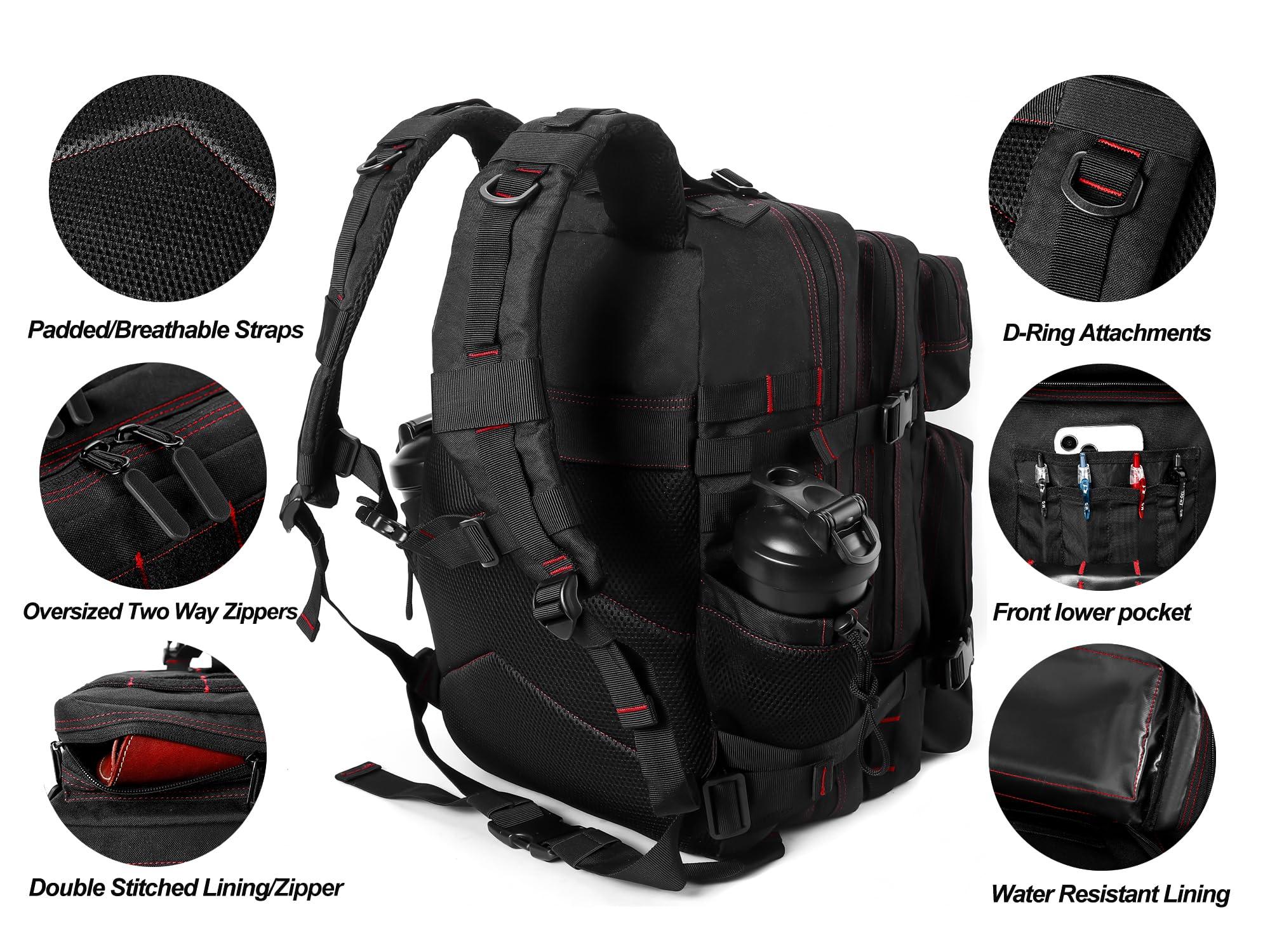 LHI LHI Military Tactical Backpack for Men and Women 45L Army 3 Days Assault Pack Bag Large Rucksack with Molle System - Black with Red Line