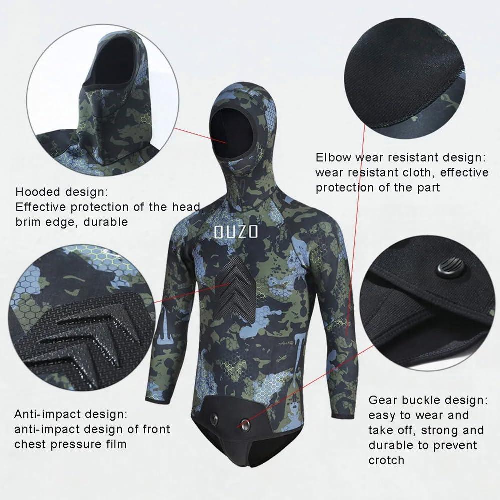 WYYHAA WYYHAA 3.5MM Neoprene Spearfishing Wetsuit with Hooded, 2 Pieces Camouflage Hunting Diving Suit with Loading Chest Pad for Cool Water Freediving Snorkeling Swimming,Green,XXL