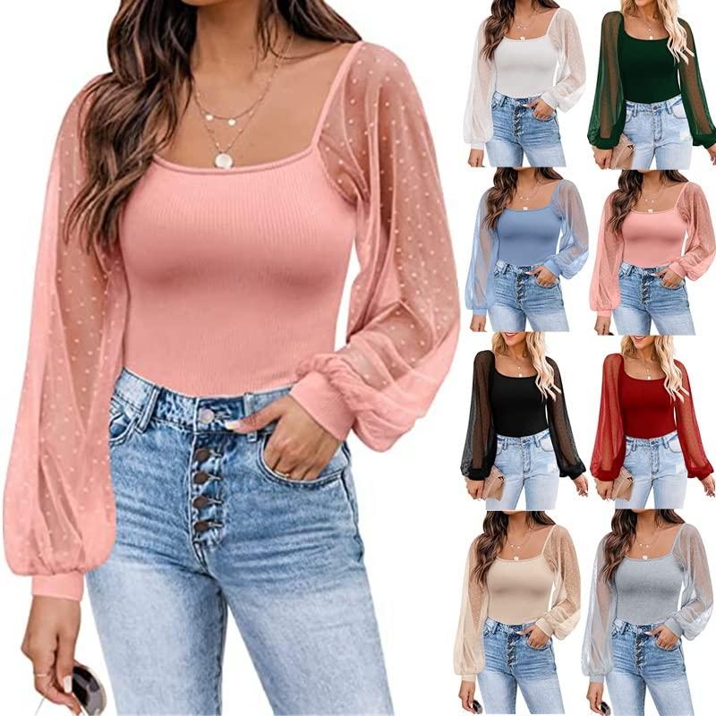 Wfeynia Women Lace Sheer Polka Dots Long Bell Sleeve Tops Scoop Square Neck Tops Dressy Casual Womens Blouses and Tops Dressy Shirts (Pink, S)