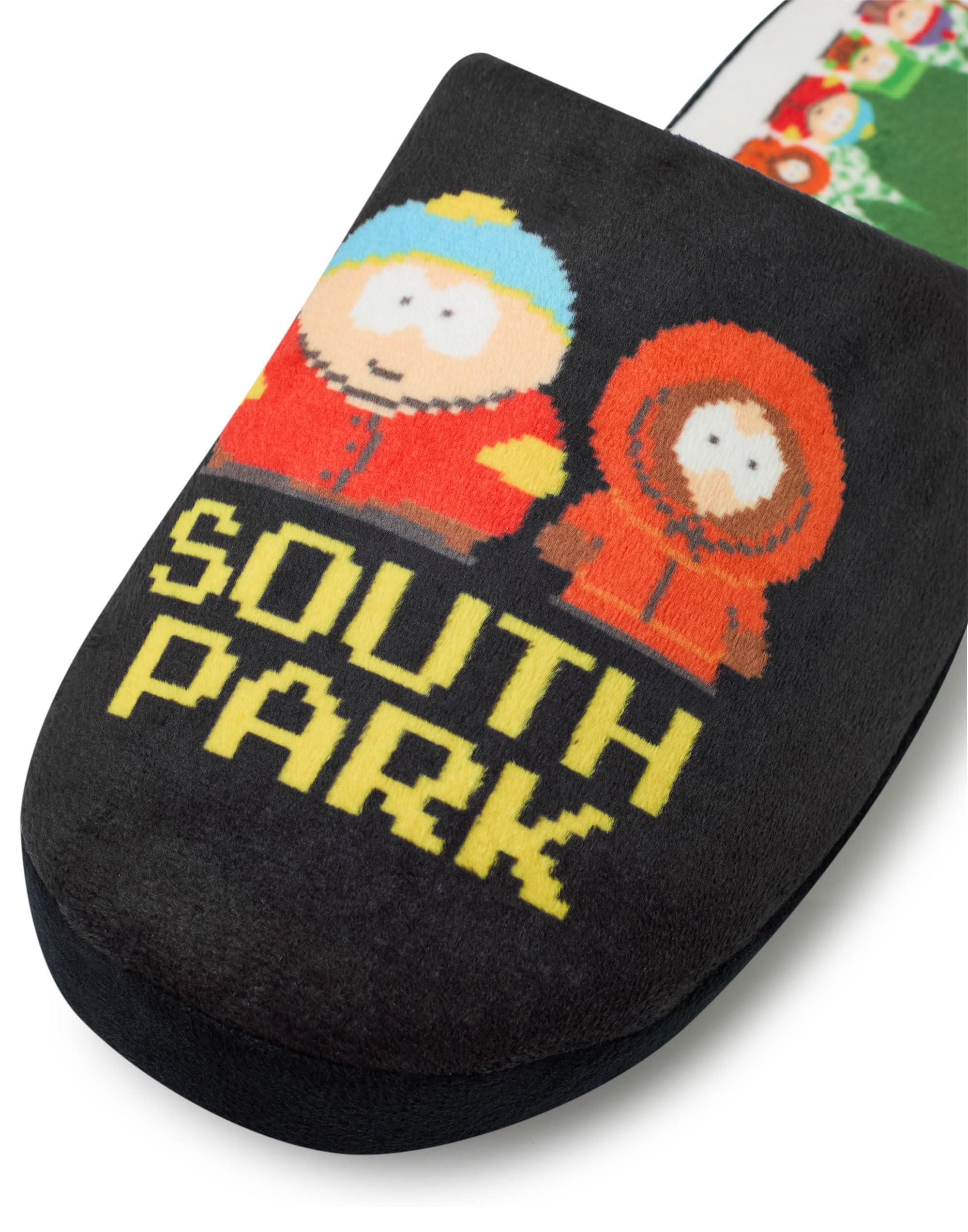 South Park South Park Mens Slippers | Adults Slip-On Mules in Black with Cartman, Kenny, Stan & Kyle Pixel Text Print | All Over Footbed Print House Shoes | Comedy Cartoon Indoor Bedroom Loungewear Gift