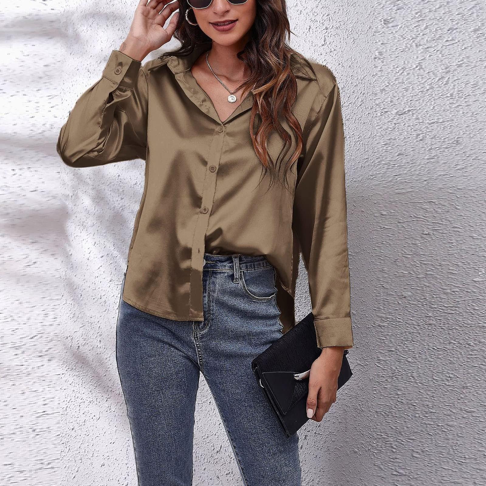 NineFit Basics Spring Satin Button Down Shirts for Women Casual Loose Long Sleeve Silky Blouses Work Office Tees Blouses and Tops