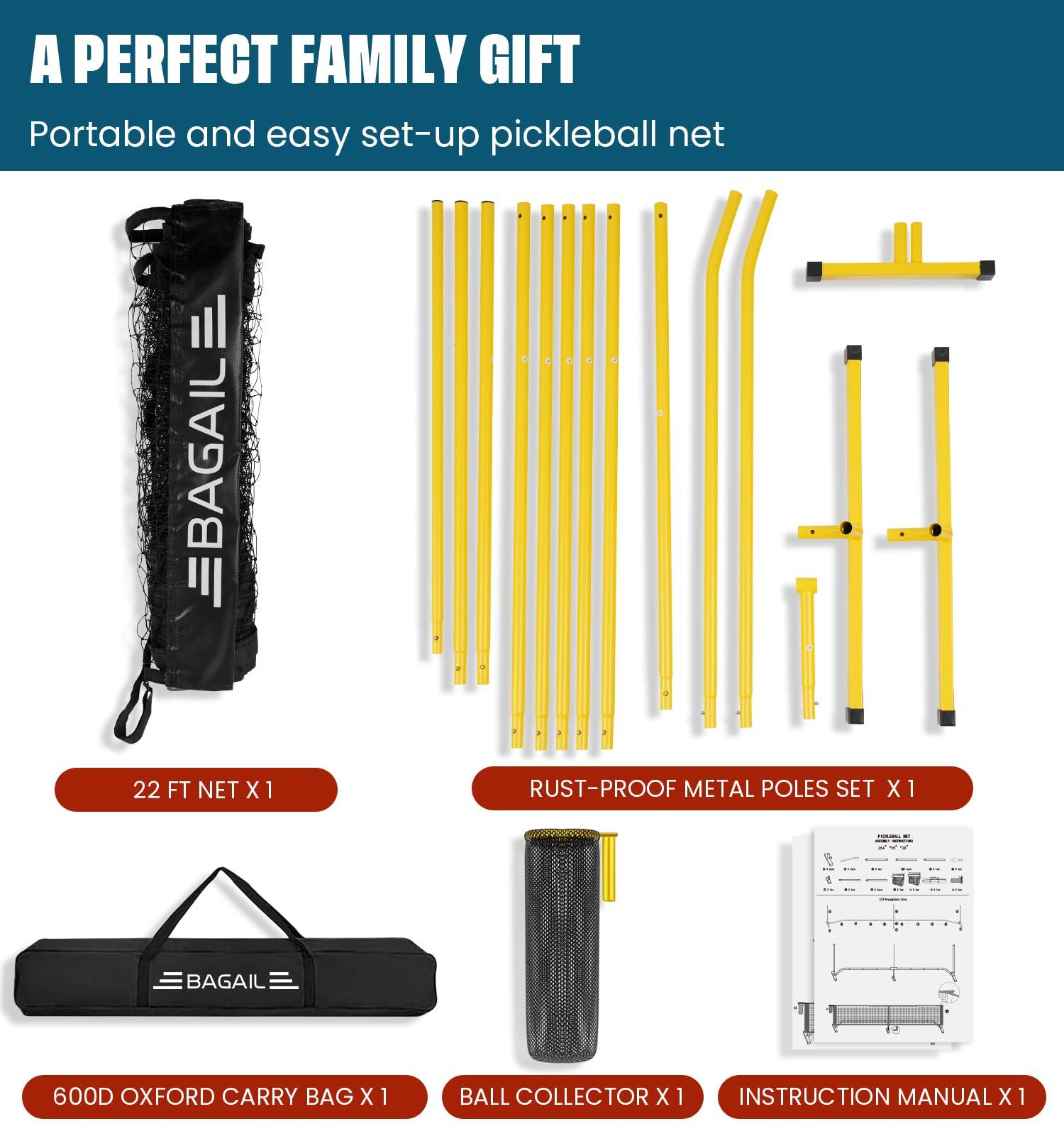 BAGAIL BAGAIL Portable Pickleball Net Set + 4 Pack Pickleball Paddles 22 FT Regulation Size & 11 FT Half Court Size 2-in-1 Pickle Ball Net with Ball Collector