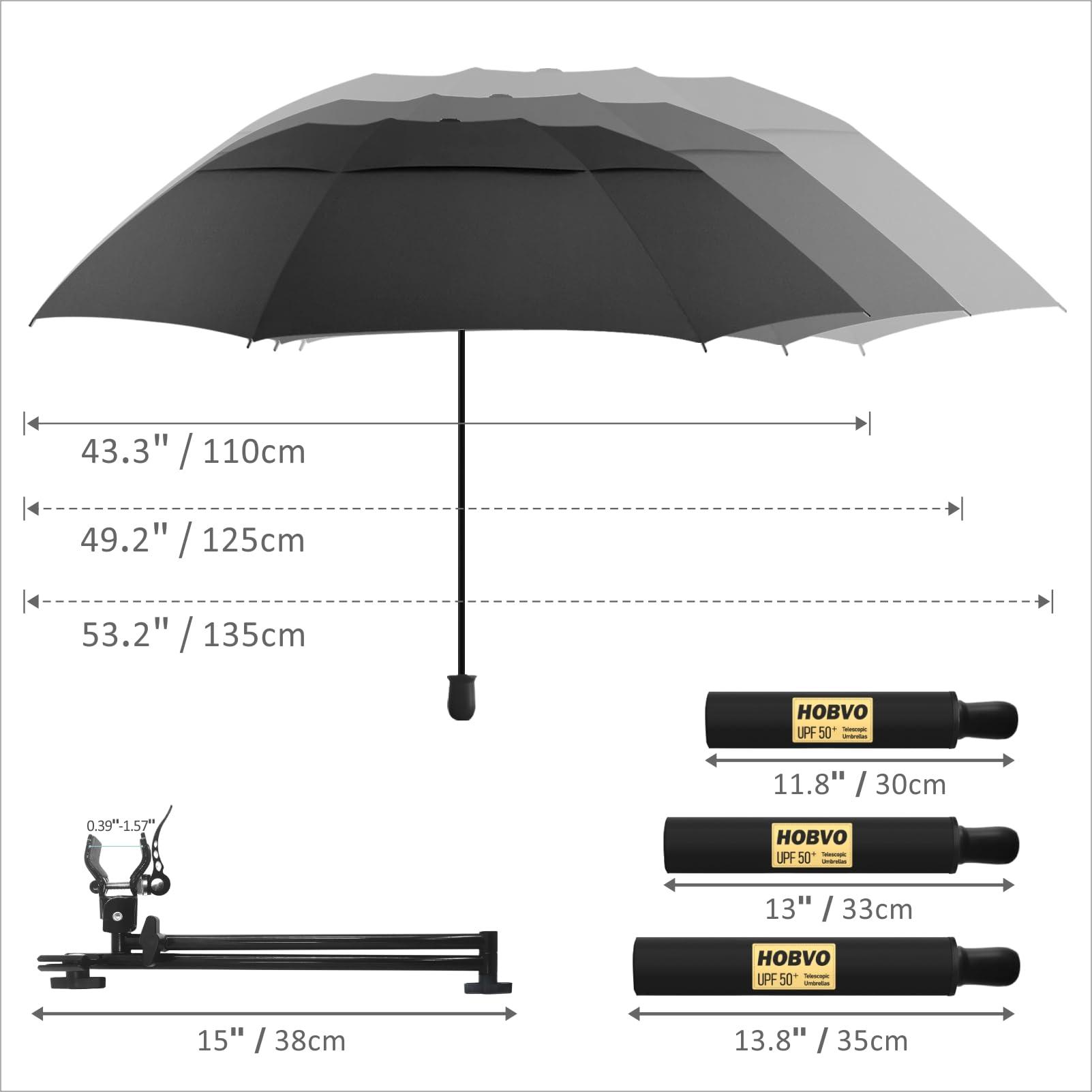 HOBVO HOBVO UPF 50+ Golf Umbrella with Adjustable Universal Clamp Portable Umbrellas for Rain, Manual Open & Close, for Beach Chair, Golf Cart, Stroller, Bleacher, Patio (Black, 49.2")
