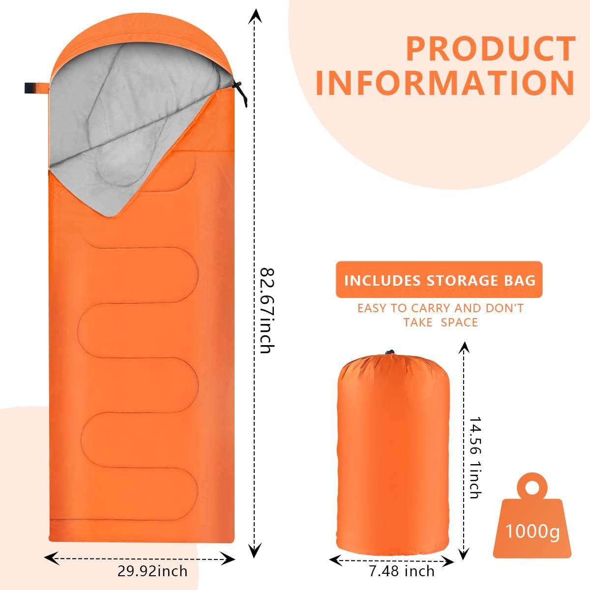 OBTANIM OBTANIM Camping Sleeping Bags Portable Waterproof Sleeping Bag for Adults Kids 4 Seasons Winter, Fall, Spring, Summer Backpacking Hiking Camping Mountaineering Indoor Outdoor Use (Orange)