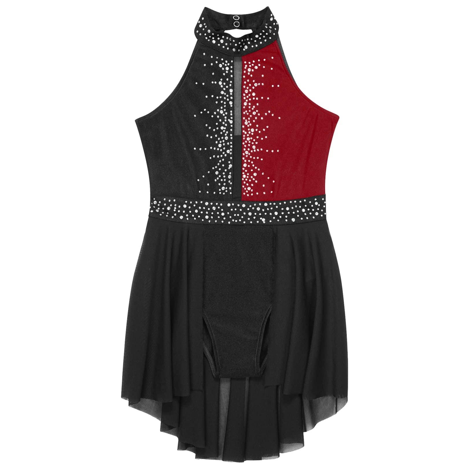 JEATHA JEATHA Kids Girls Rhinestone Sleeveless Mock Neck Figure Skating Dress Gymnastic Ballet Dance Skirt Leotard Black&Burgundy 8