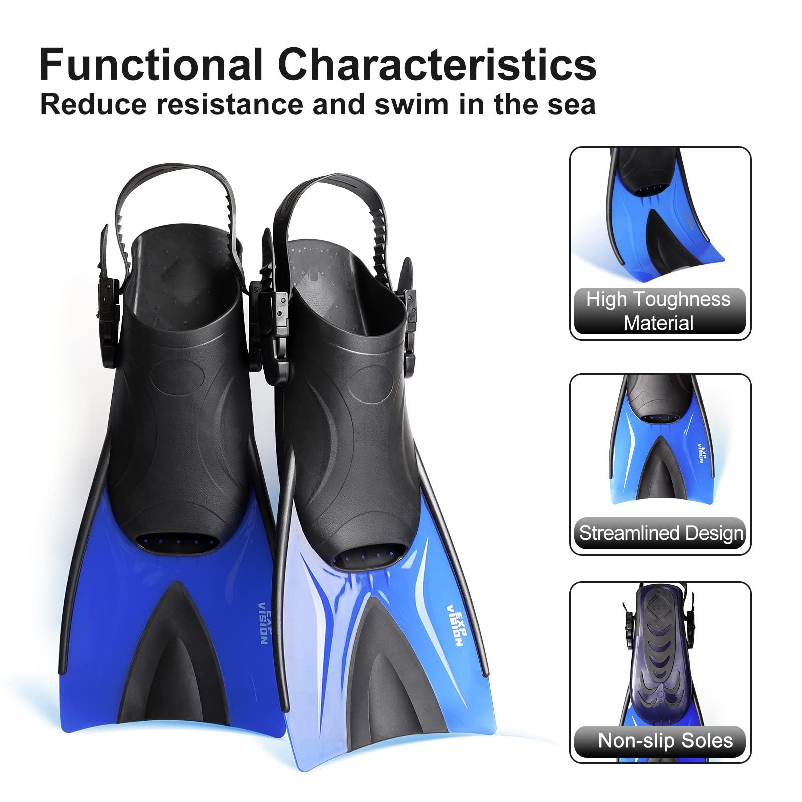 EXP VISION Mask Fin Snorkel Set, Adults Snorkeling Gear Panoramic Diving Mask and Dry Top Snorkel and Dive Flippers Kit with Travel Bag for Swimming Training, Snorkeling (Medium-Blue Set)