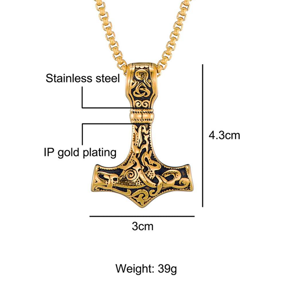 SBRTL Norse Viking Thor's Hammer Talisman Necklace, Odin Mjolnir Stainless Steel Pendant, Mens Vintage Original Amulet Jewelry,Gold,60cm(24incm)