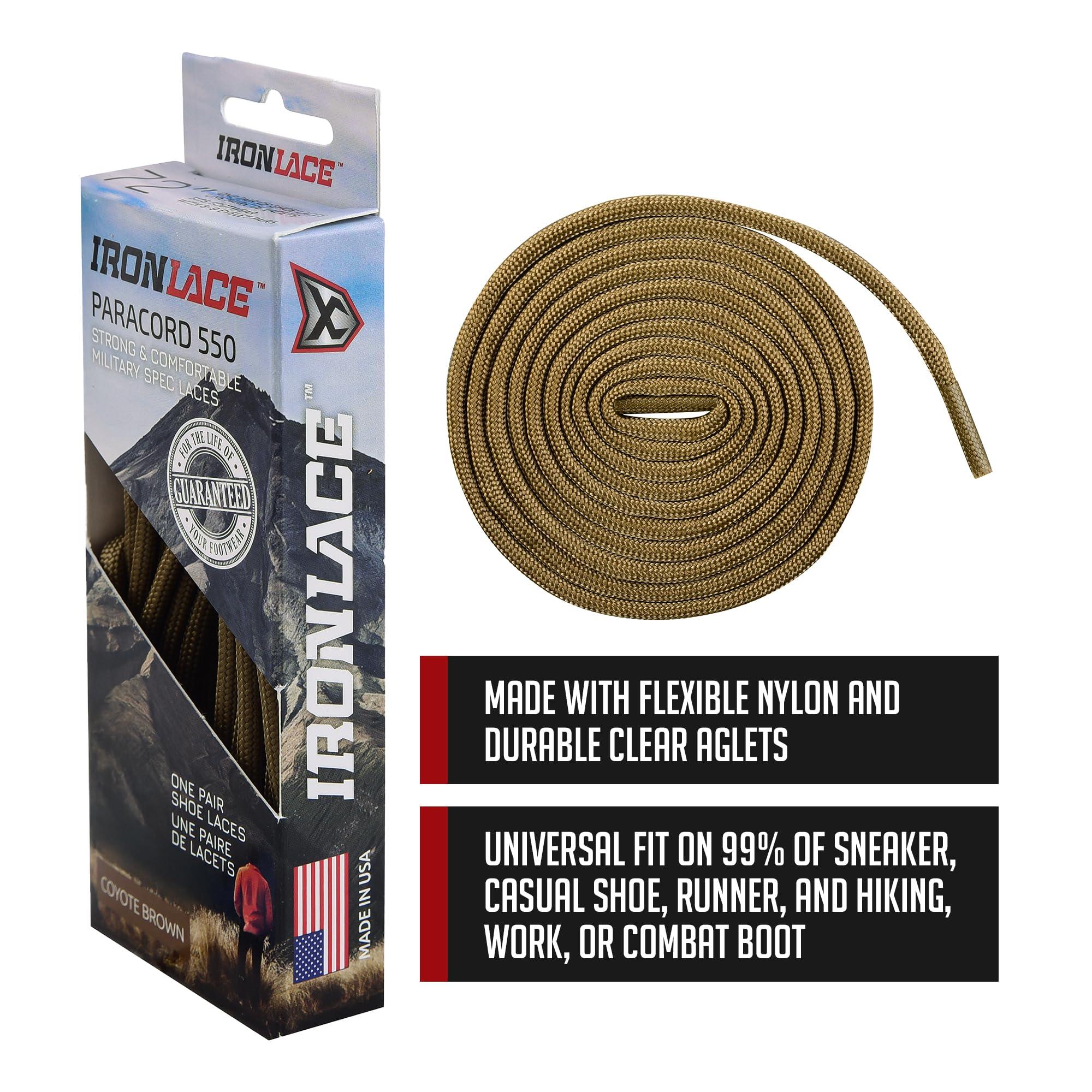 IRONLACE IRONLACE - Paracord 550 Laces Type III, Heavy-Duty, Universal Boot & Shoe Laces, Stretchable Nylon, 550-Pound Breaking Strength, Coyote Brown, 9/64 Inch (3.5mm) Tip Diameter, 72-Inch, 1-Pair