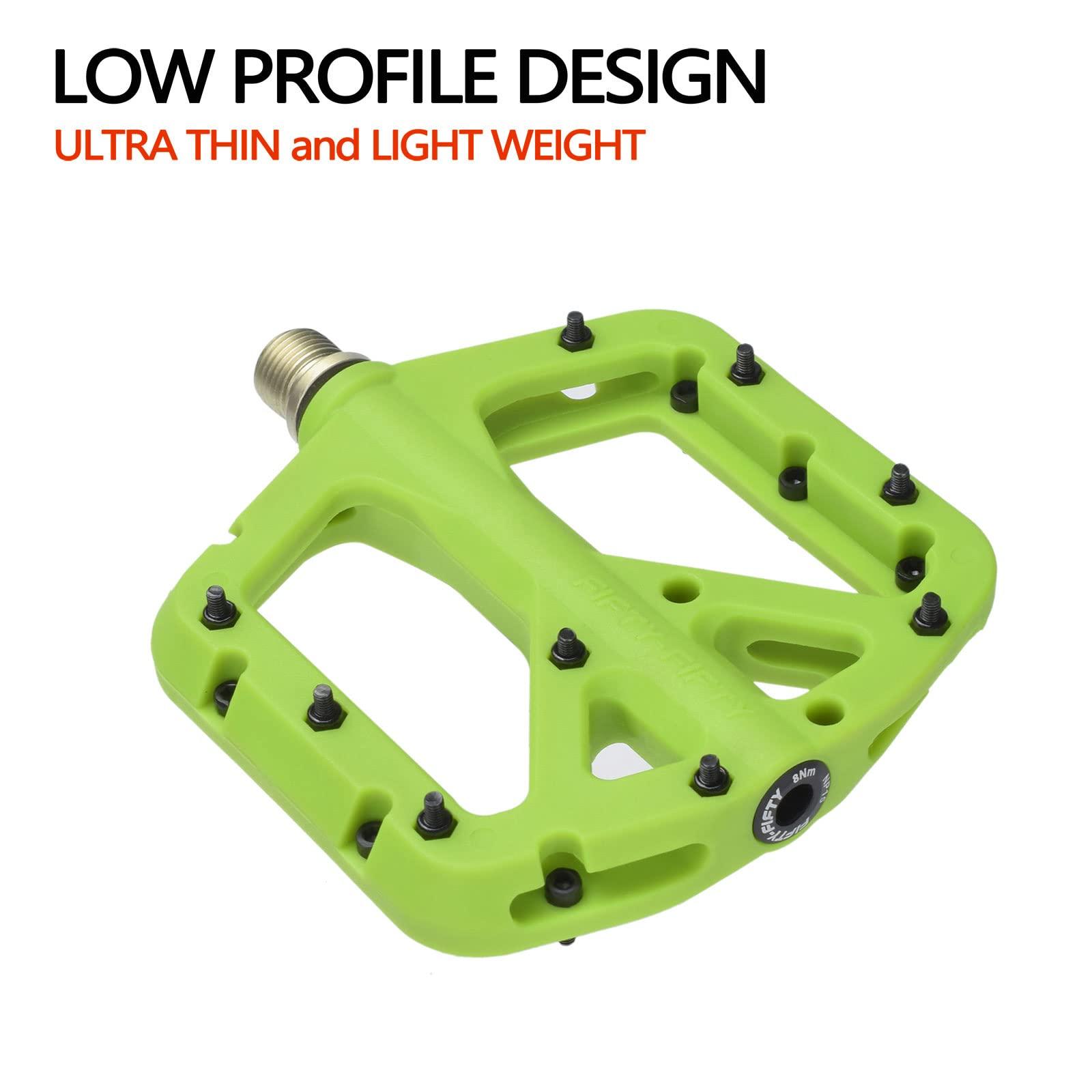 FIFTY-FIFTY FIFTY-FIFTY Mountain Bike Pedals, Non-Slip MTB Nylon Composite, 9/16" Bicycle Pedals, Lightweight and Wide Flat Platform (Green)