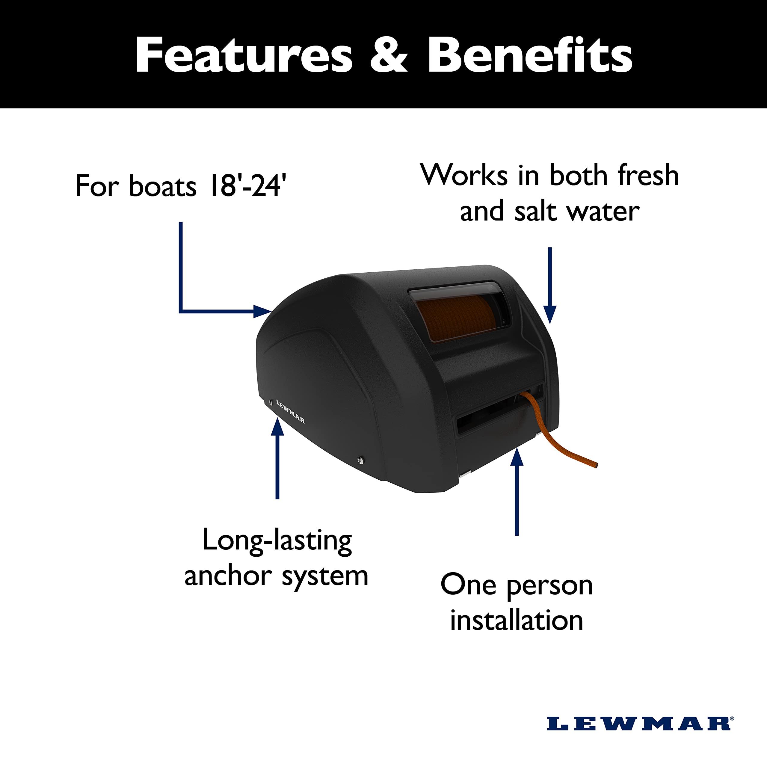 Lewmar Lewmar Captive Reel 12V/400-Watt Windlass for Boats 18\'-24\' Without Chain Lockers, 7\" H x 12\" W x 14-15/16\"L, Max Pull 40 lbs. - 2020201384