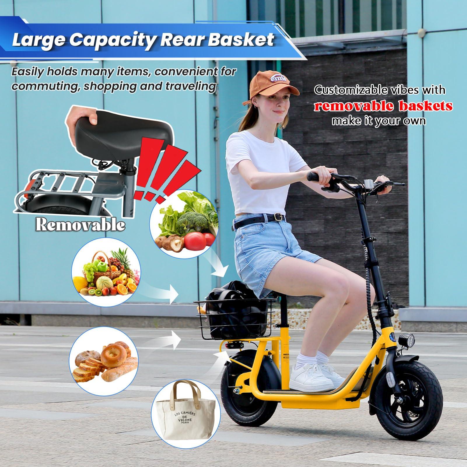 Caroma Caroma Peak 800W Electric Scooter Adults, 30 Miles Max Range, Adjustable Handlebar Height, Foldable Electric Scooter with Seat, Detachable Large Basket, Commuter E-Scooter for Adult and Teens