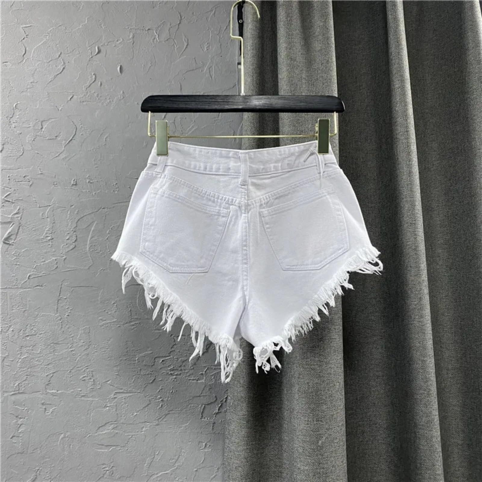 Dawery Dawery Summer Women's White Jeans Shorts Hole Ripped High Waist Denim Shorts (X-Small,White)