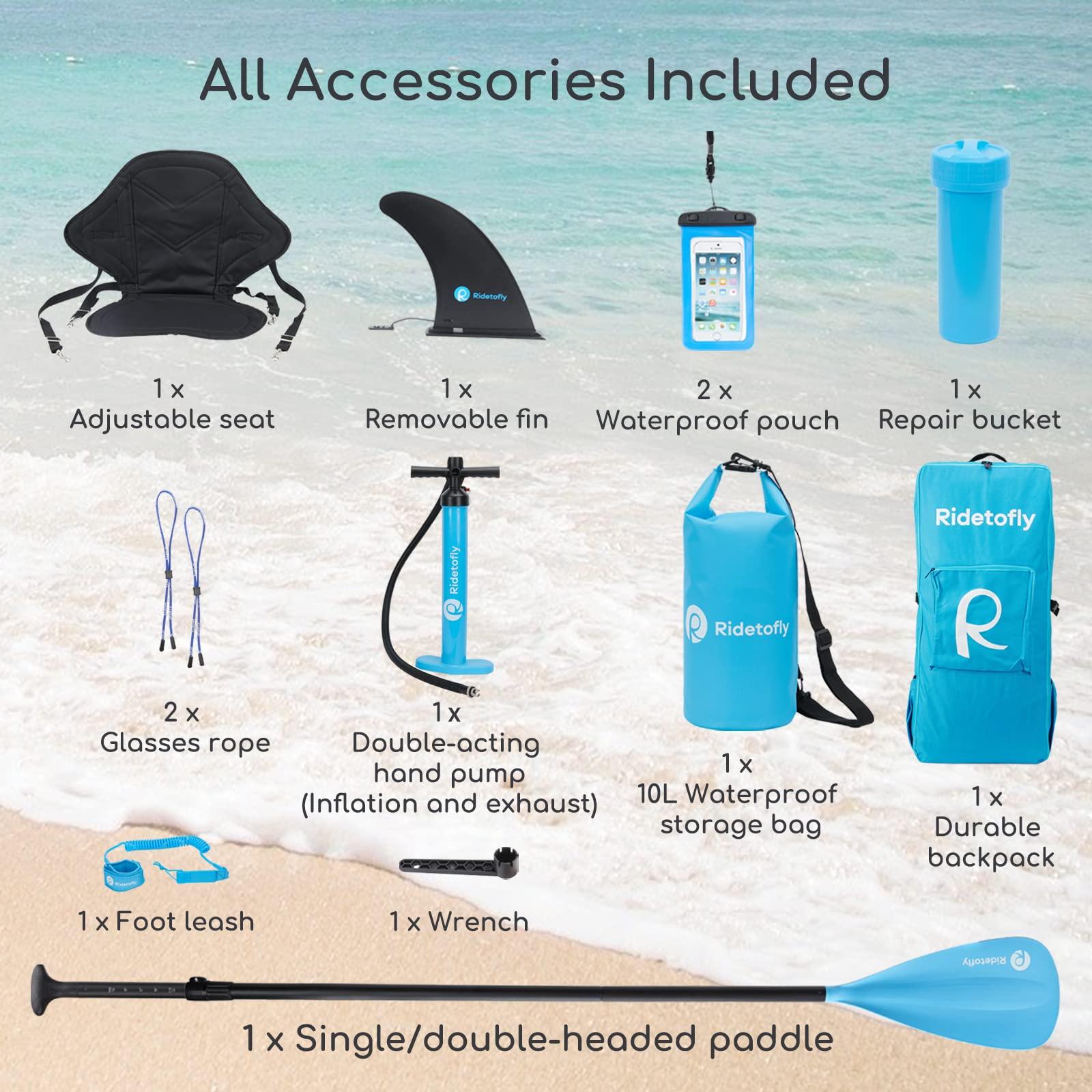 Ridetofly Ridetofly SU01 Stand Up Paddle Board, 10.6\'x32\'\'x6\'\' Inflatable Paddle Board with SUP Accessories, Included Hand Pump, Adjustable Paddle/Seat, Waterproof Bag, for Yoga, Fishing, Touring, Light-Blue