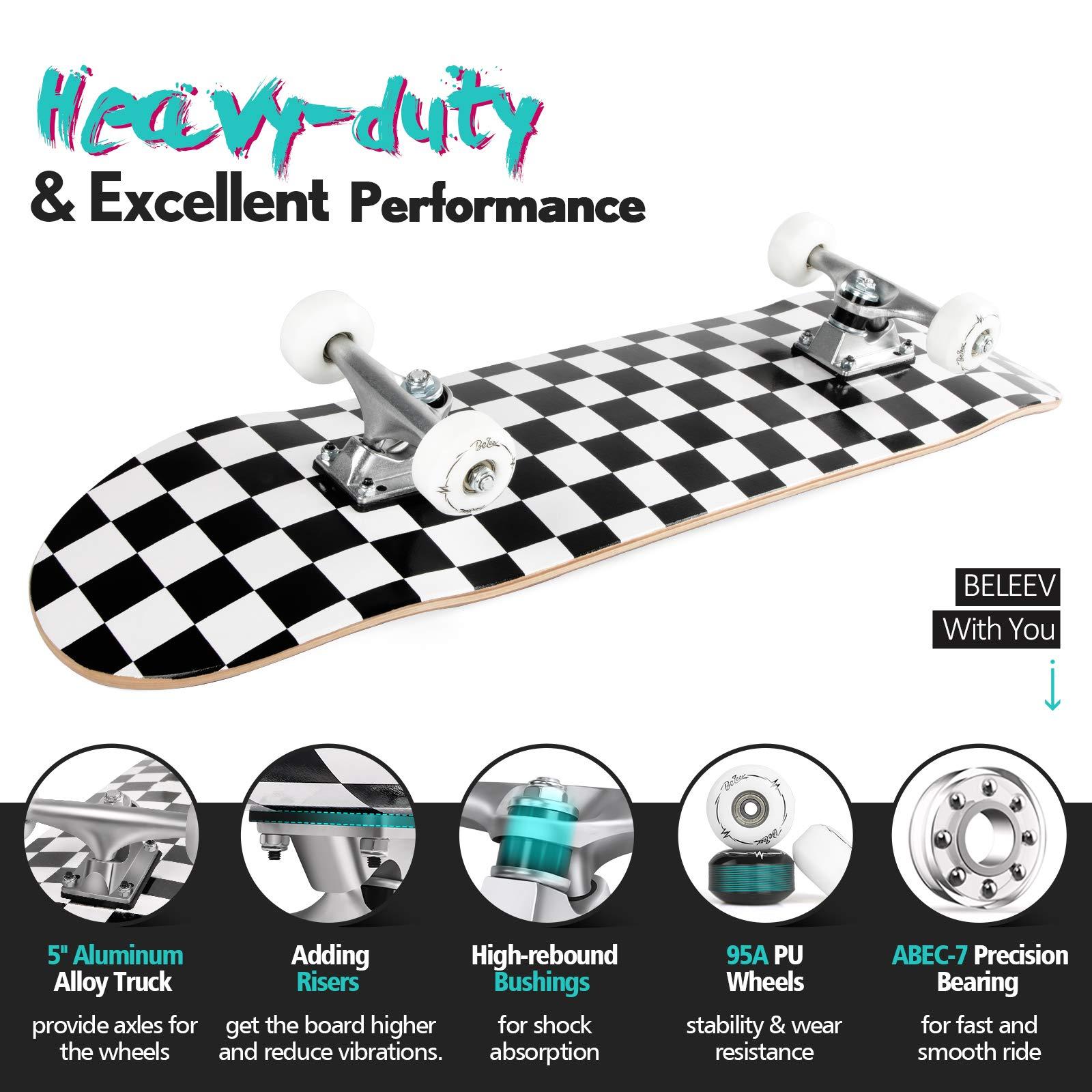 BELEEV BELEEV Skateboards for Beginners, 31 Inch Complete Skateboard for Kids Teens Adults, 7 Layer Canadian Maple Double Kick Deck Concave Cruiser Trick Skateboard (Black White)