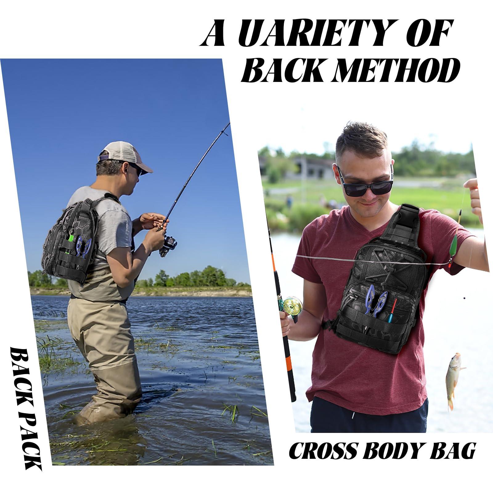 Bnqoe Fishing Backpack Fishing Tackle Storage Bag Fishing Gear with Rod Holder Small Sling Backpack for Outdoor Fish,Hiking,Travel,Hunting (E-Camouflage Black)