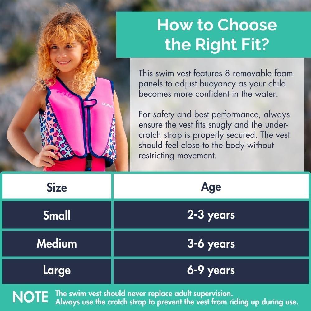 Limmys Limmys Premium Kids Swim Vest - Toddler Swim Jacket and Buoyancy Swimming Aid - Modern Design Swimming Vest for Boys, Girls and Babies - Drawstring Bag Included (Pink Leopard, Large)