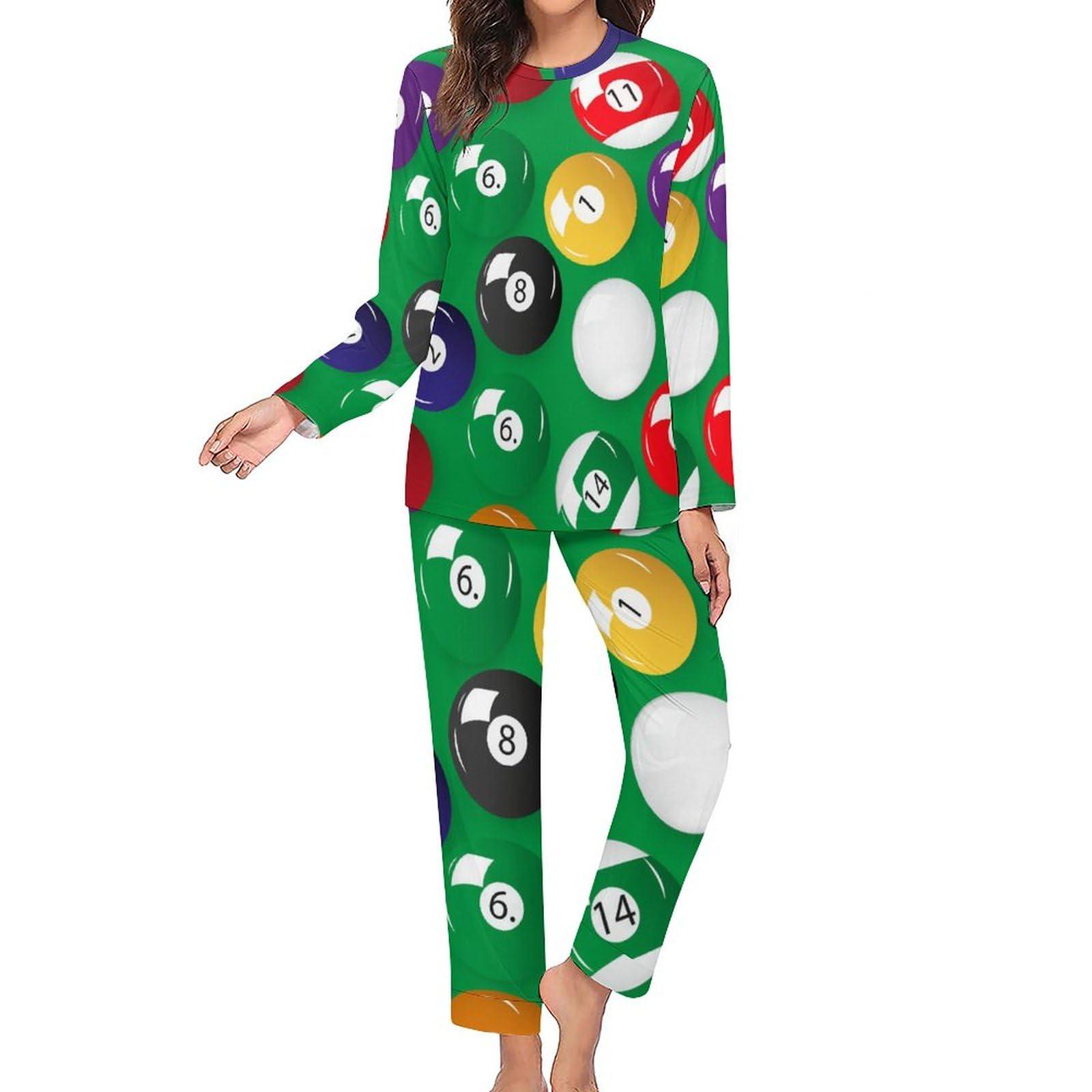 RIVNGJDE5 Billiards Pool Table Balls Comfortable Fit Pajamas for Women Set Crew Neck Breathable Lounge Sets with Pockets S