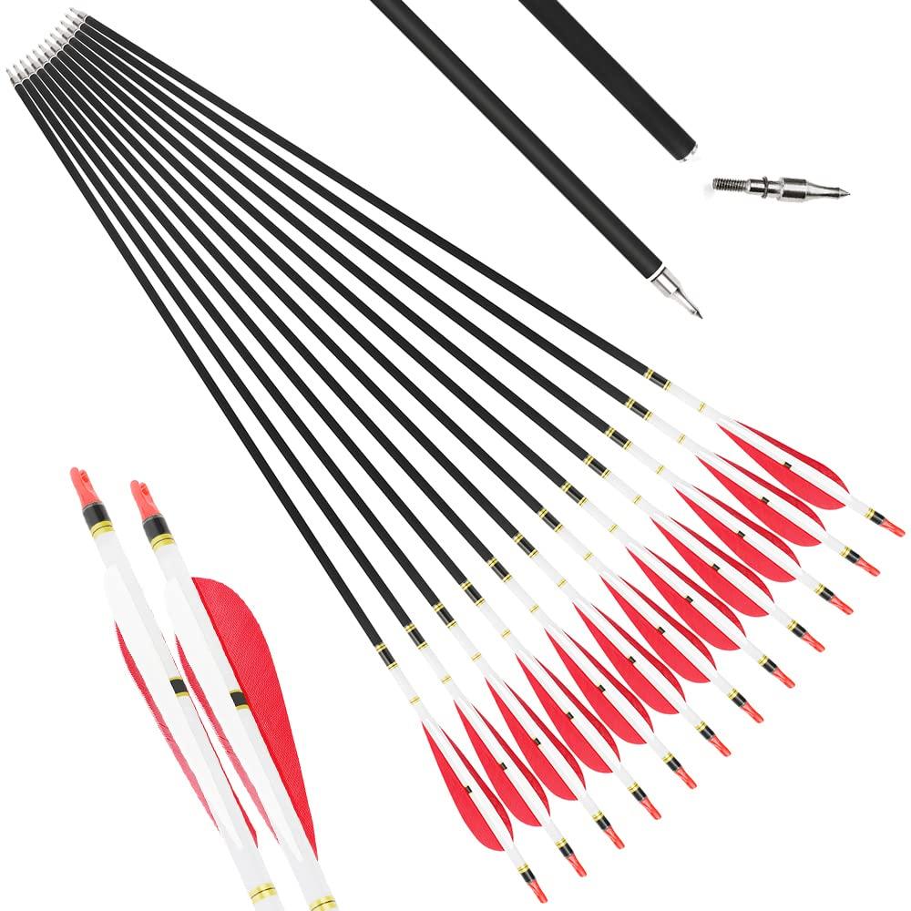 HNZMDY HNZMDY 30 inch Archery Carbon Arrows 500 Spine Hunting Arrows with 4\" 5\" Turkey Feather Fletching 100 Grain Points for Recurve Compound Bow Target Practice (4 inch Arrow Feather, 12 pcs Arrow)