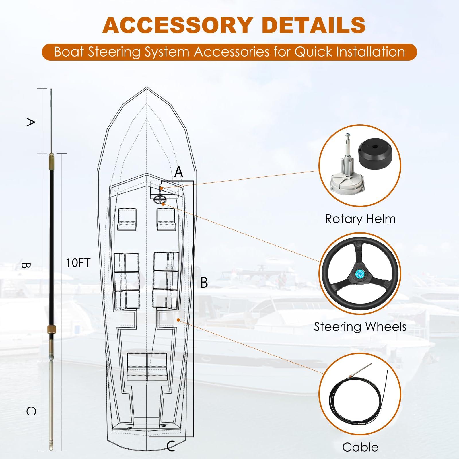 JNDO JNDO 10FT Boat Steering Cable Kit Outboard Steering Cable Boat Steering System Kit with 12.5 Inch Wheel Rotary Helm