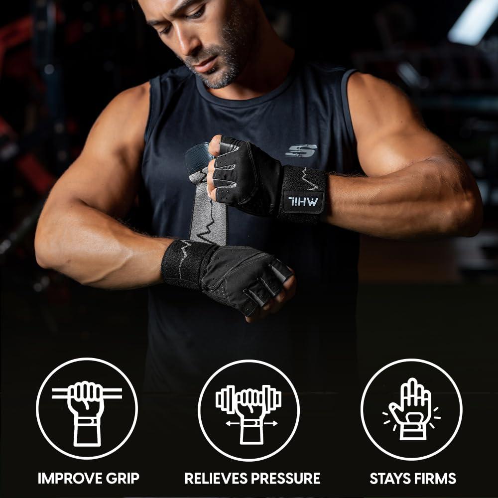 MhIL MhIL Workout Gloves for Men Comfortable Gym Gloves for Men with Enhanced Grip for Safety and Hand Protection Weight Lifting Gloves for Men with Wrist Wraps Support for Performance Boost and Style