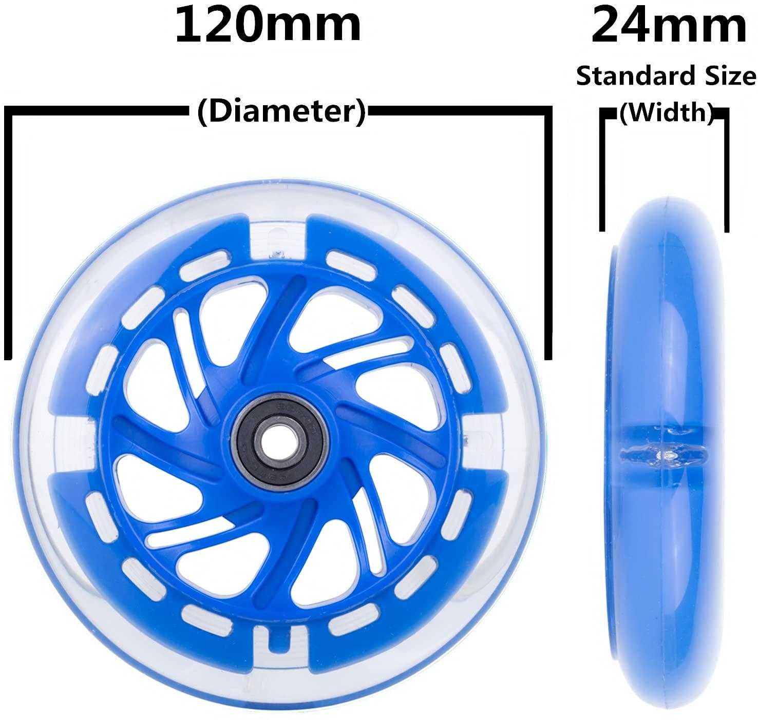 AOWISH AOWISH 120mm Light-up Scooter Wheels Pair 120mm X 24mm Scooters LED Flash Front Wheels Replacement w/Bearings ABEC-9 for Micro Kickboard, 3-Wheeled Push Scooters (Blue)