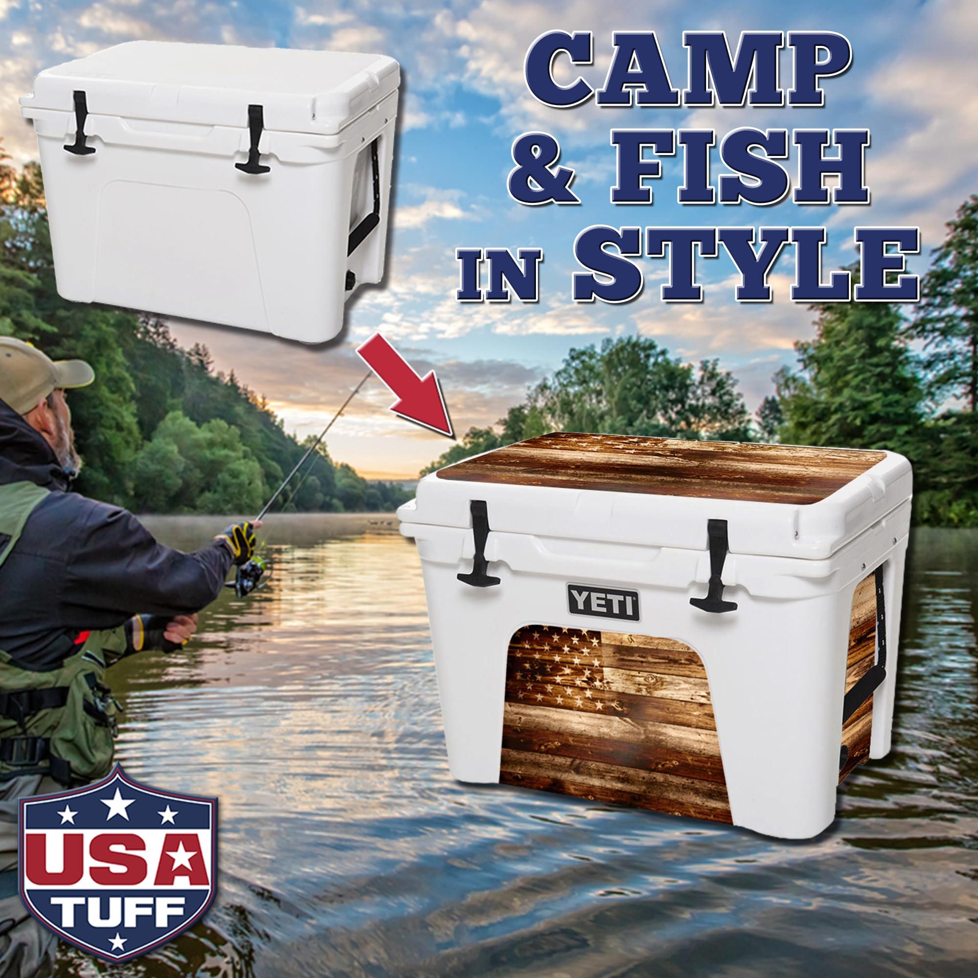 USATuff USATuff Vinyl Cooler Lid & Insert Kit Compatible with YETI 35 qt Tundra | Easy Peel & Stick Application Cooler Skin Decal Wrap | Durable Pre-Cut Pieces | Made for Outdoor Use - USA Flag Woodgrain