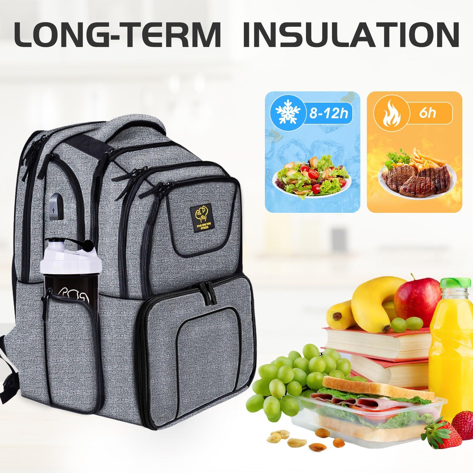 50 FIVE ONE NINE 519 Fitness Meal Prep Backpack,Hiking Outdoor Insulated Unisex Lunch Cooler with Computer Compartment,Include 6 Meal Containers,2 Ice Packs and Shaker