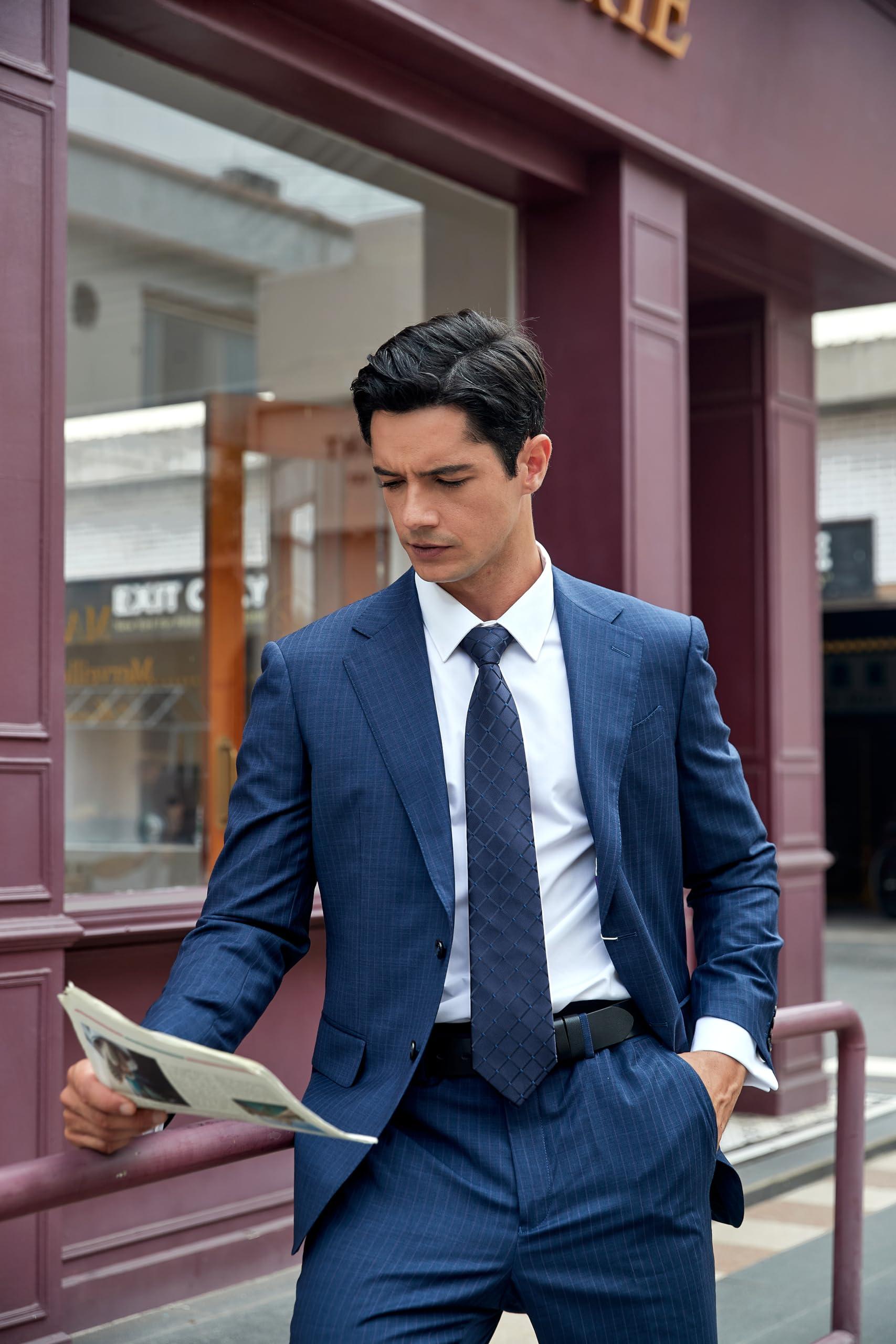 HISDERN HISDERN Plaid Blue Tie Handkerchief Woven Classic Men's Necktie & Pocket Square Set,Navy Blue,One Size