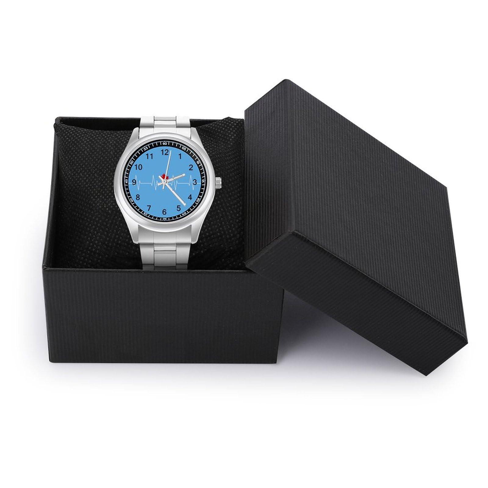 NineFit Basics Heartbeat Maple Leaf Canada Flag Watches Stainless Steel Band Wristwatch Business Dress Watch for Work Home