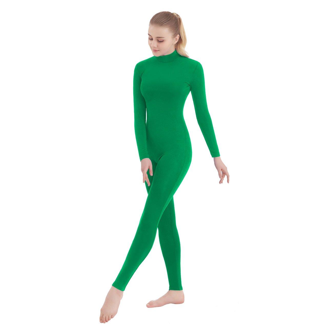 SUPRNOWA SUPRNOWA Women\'s Jumpsuit Bodycon Full Body Footless Unitard Long Sleeve Bodysuit with Zipper Comfortable Spandex One-Piece Dance Costume (X-Large, Green)