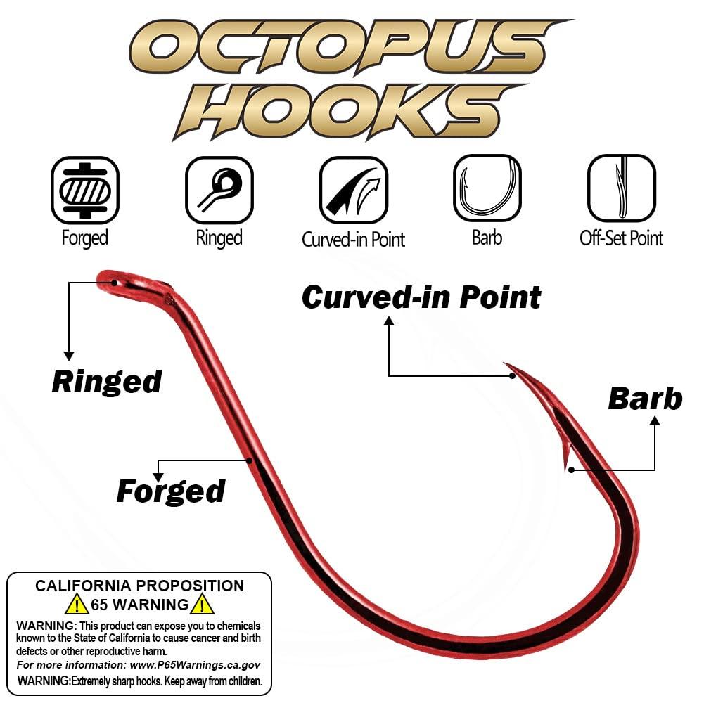 XFISHMAN Octopus-Hook-Fishing-Beak-Circle-Hooks-Freshwater-Red-Black-100-50 Pack (1-Red, 5/0 50-Pack)
