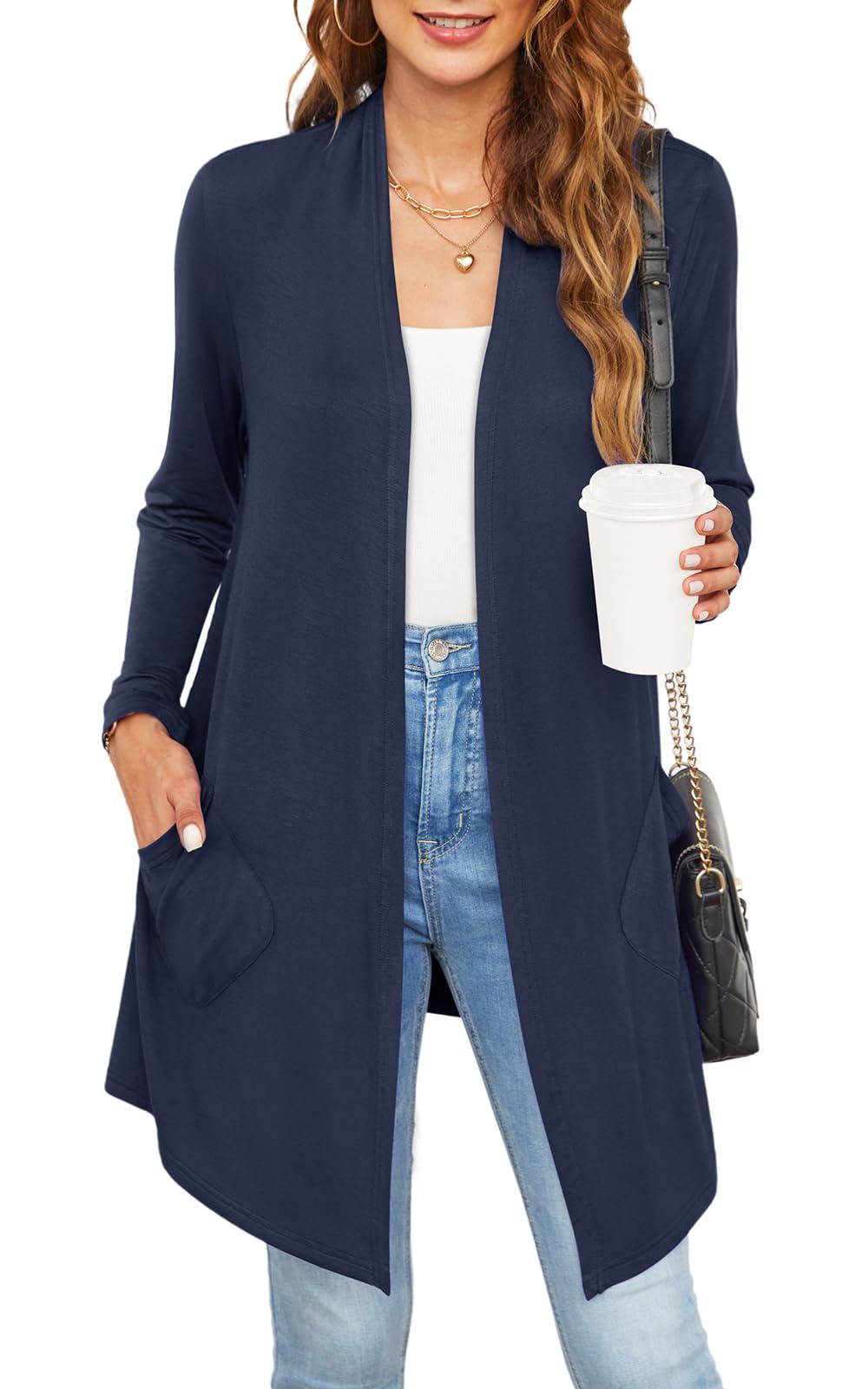Veryoung Long Navy Blue Cardigan for Women with Pockets Lightweight Summer Cardigan Shrug Long Sleeve Open Front Top Dressy Casual Business Work Thin Sweater,S