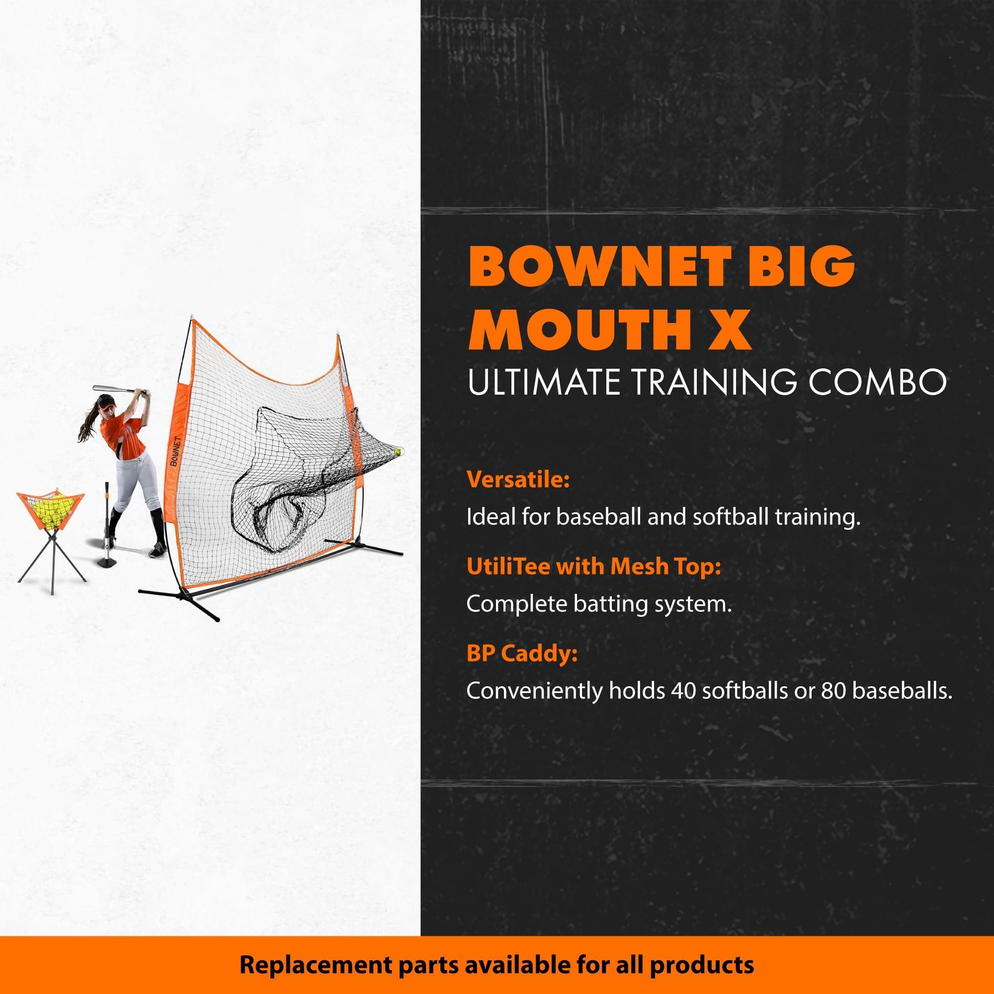 Bownet Bownet Sports Big Mouth Hit Kit, (7x7) Baseball Softball Practice Set - BigMouth Hitting Pitching Net, Utilitee Hitting Stand Tee, Ball Caddie - Total Package Portable Sports Practice, Black, Orange