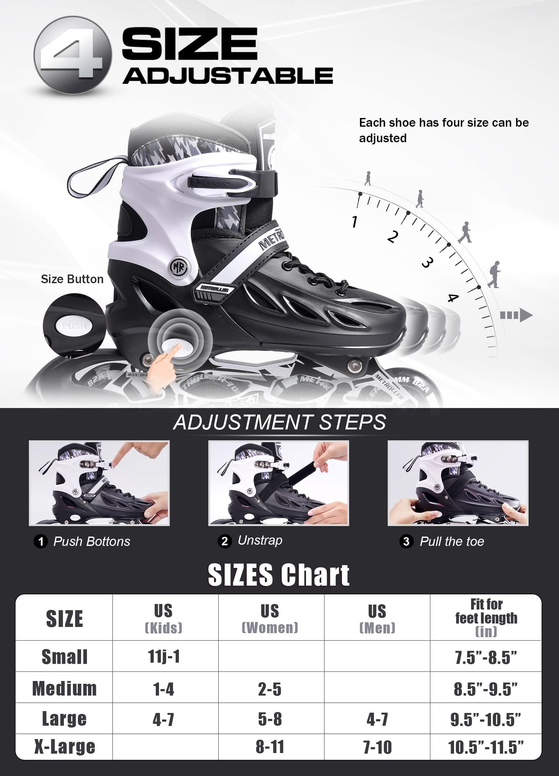 METROLLER METROLLER Inline Skates for Girls and Boys, Women, Men 4 Sizes Adjustable Inline Skates with Light Up Wheels, Illuminating Beginner Skates for Kids & Adult Youth.